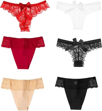 Hocklliy 6 Pack Womens Thongs Multipack, Lace Bow Sexy Thongs for Women,Comfortable Soft Low Waist G String,See Through Seamless Sexy Knickers Multicolor