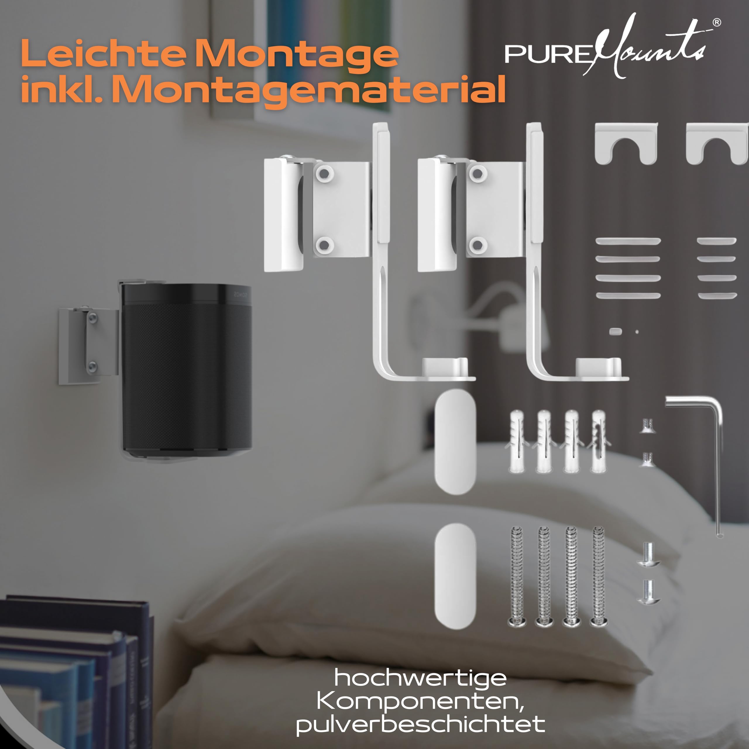 PureMounts, Lautsprecher-Halterung, Wandhalterung für Sonos One, One SL & Play:1, weiß
