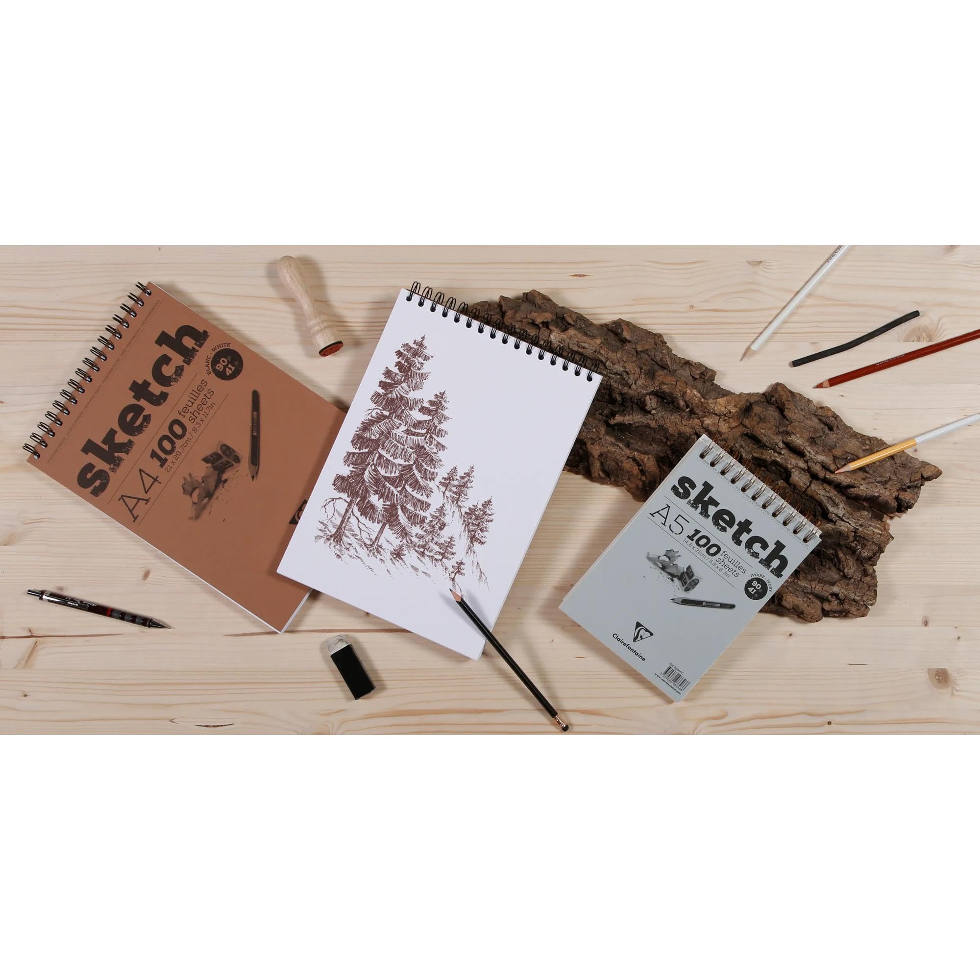 Clairefontaine 96606C – Szkicownik spiralny Sketch – 100 arkuszy białego papieru rysunkowego o bardzo lekkiej fakturze – kartki odrywane – A5 14,8x21 cm – 90 g