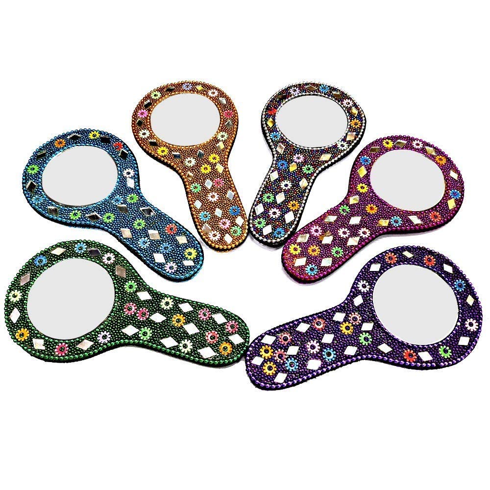 Handcrafted Wooden Multicolor Decorative Pocket Mirror with Handle, Makeup Mirror for Women (Pack of 5 Piece), Dresser, Round-image-24