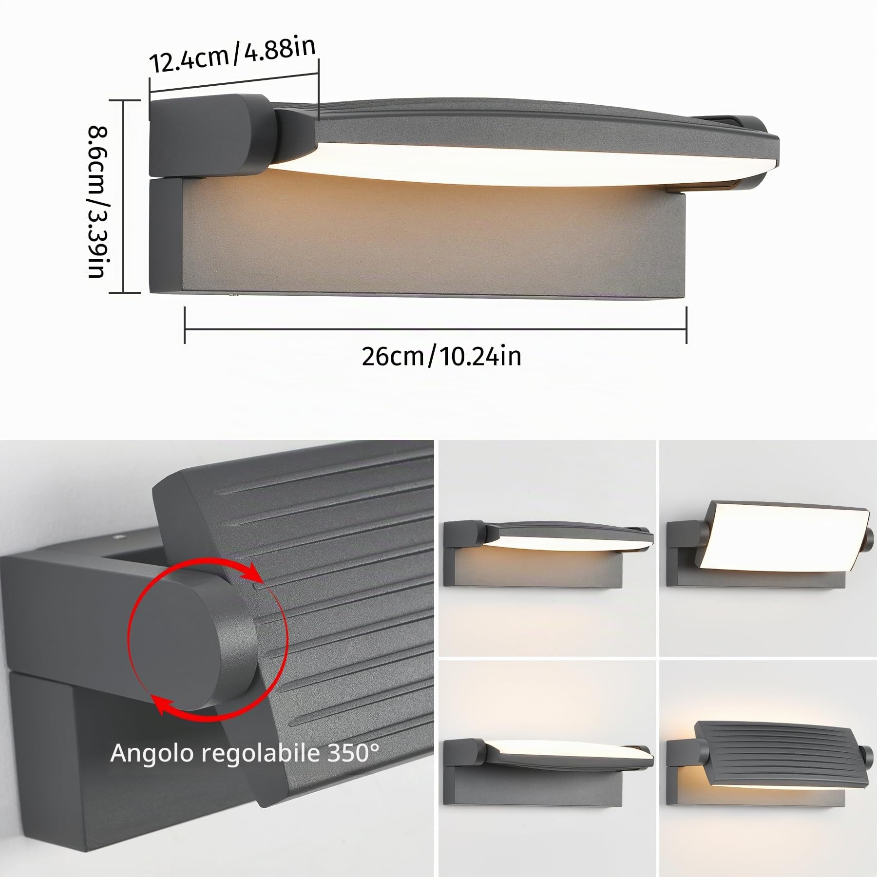 SANSHI Applique da esterno 30W con Pannello LED 350°regolabile,Grigio Scuro | 3000K/4000K/6500K luci da esterno,applique Impermeabile IP65,Lampada da parete esterno Per giardino terrazzo balcone