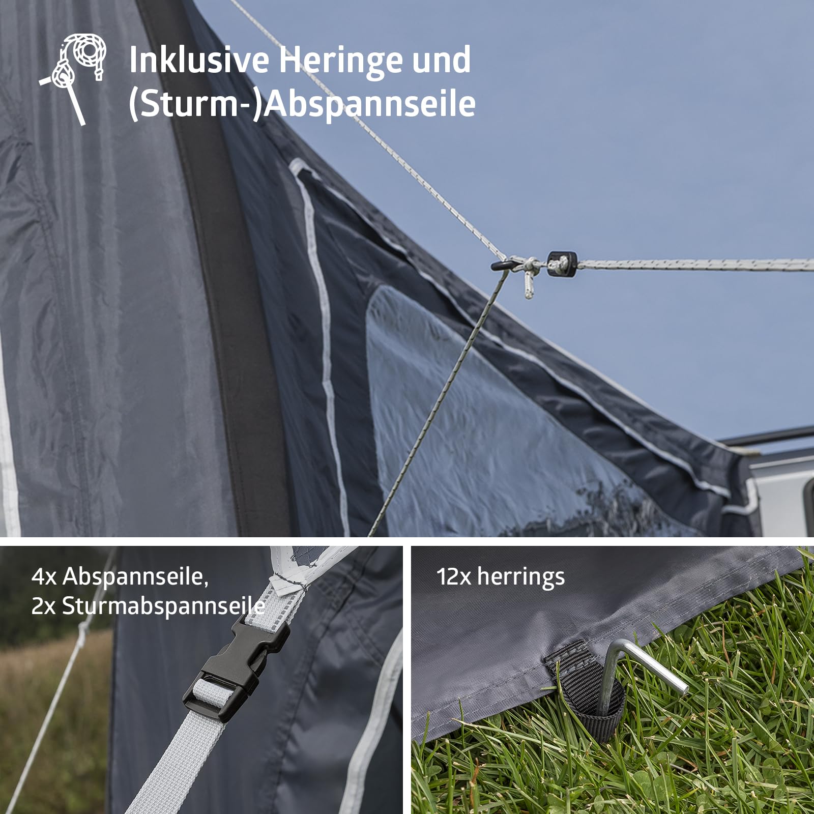 Campout Aufblasbares Busvorzelt für Campervan – 300 x 210 cm – 3000 mm Wassersäule – Anbauhöhe 180-210 cm – Aufbau in 15 Min – Inkl. Pumpe & Sturmabspannleinen