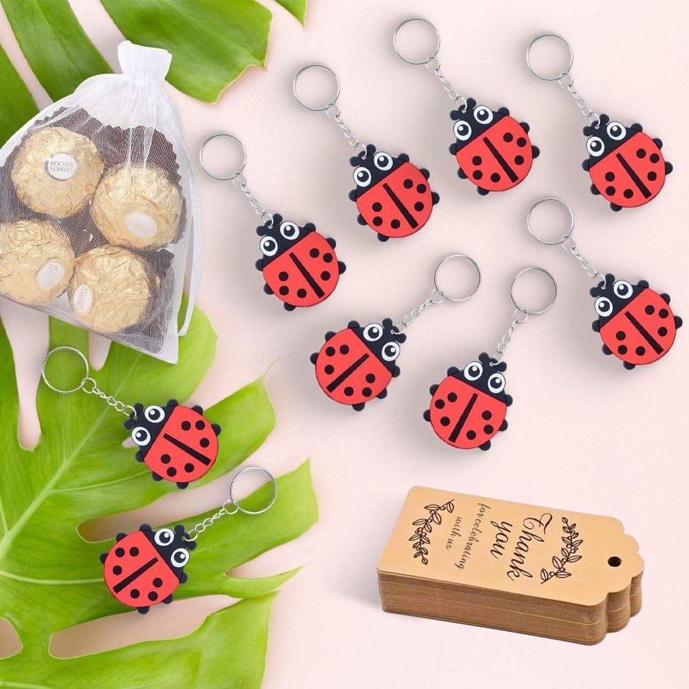 Confezione 20 Bomboniere a Tema Coccinella, Include 20 Portachiavi, 20 Etichette E 20 Sacchetti Regalo per Feste a Tema Coccinella, Baby Shower, Compleanni, Riempitivi per Sacchetti Regalo