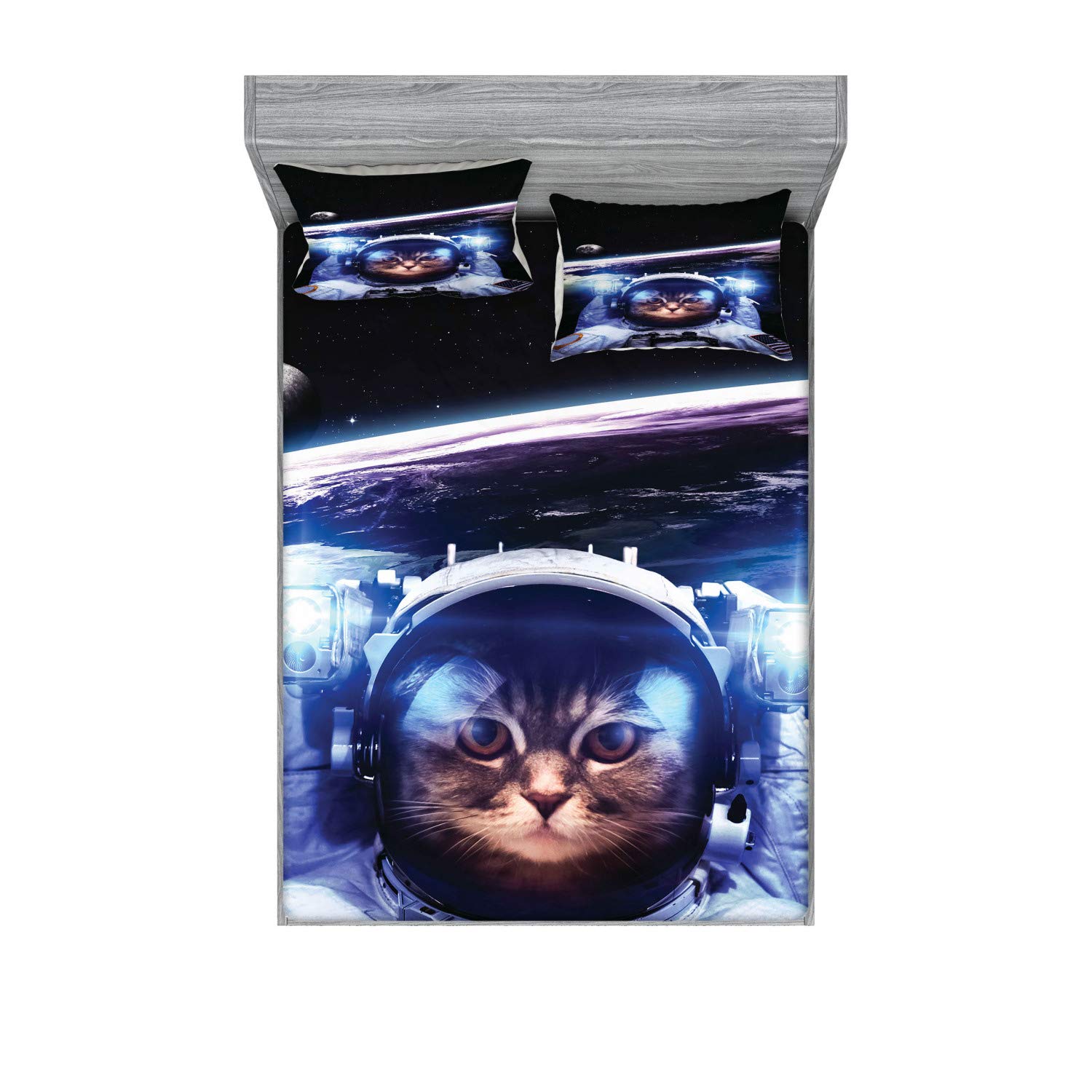 Ambesonne Cat Fitted Sheet & Pillow Sham Set, Funny Astronaut Cat Above Earth Outer Space Explorer Kitty Mission Humor Art Image, Decorative Printed 3 Piece Bedding Decor Set, Calking, Purple Indigo
