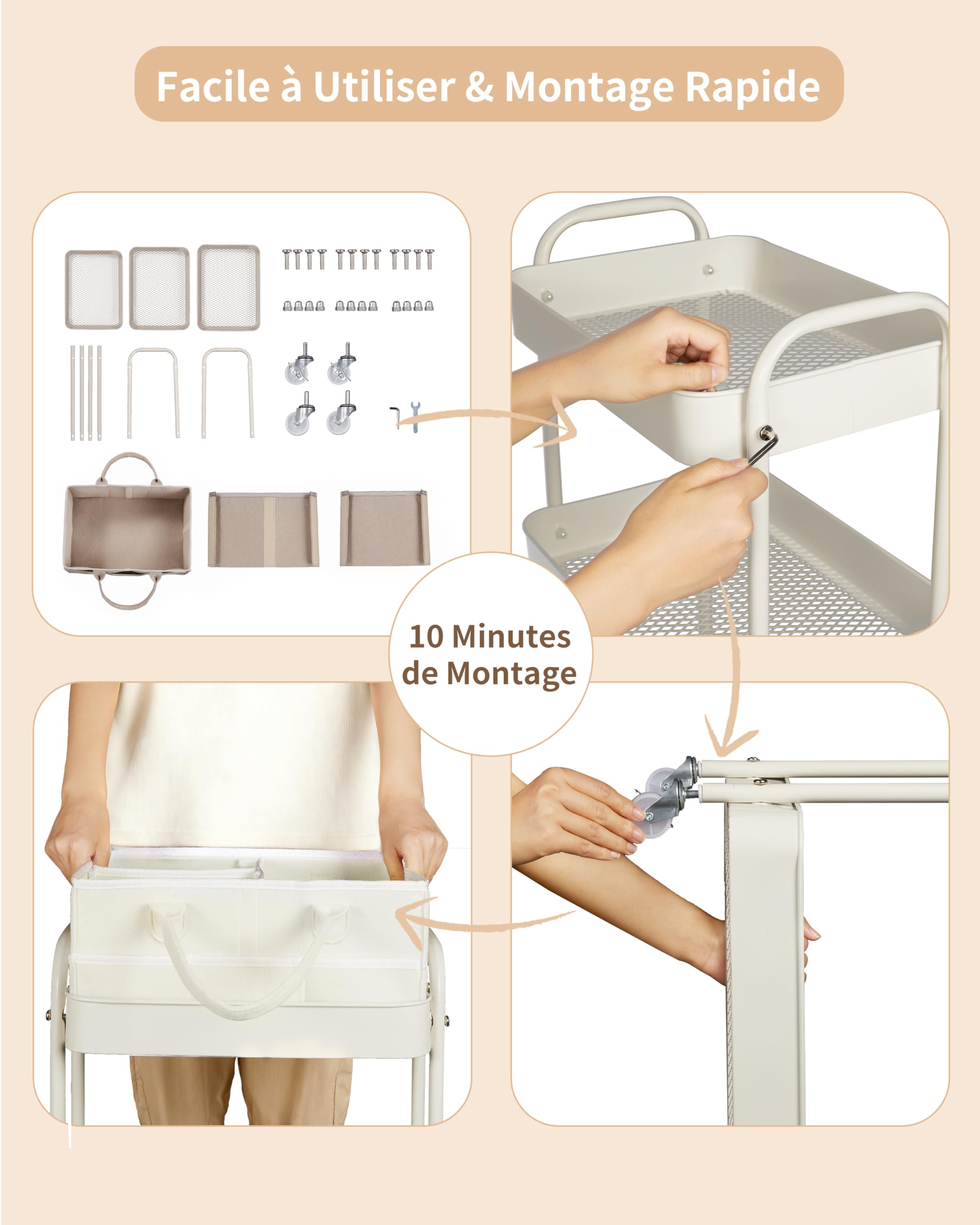 Fortella Desserte à Roulettes avec Panier Rangement Bébé, Chariot de Rangement 3 Niveaux, Sac a Langer Bebe Portable, rangement Table a Langer Bebe, Organisateur Cuisine Chambre, Salle de Bain (Beige)