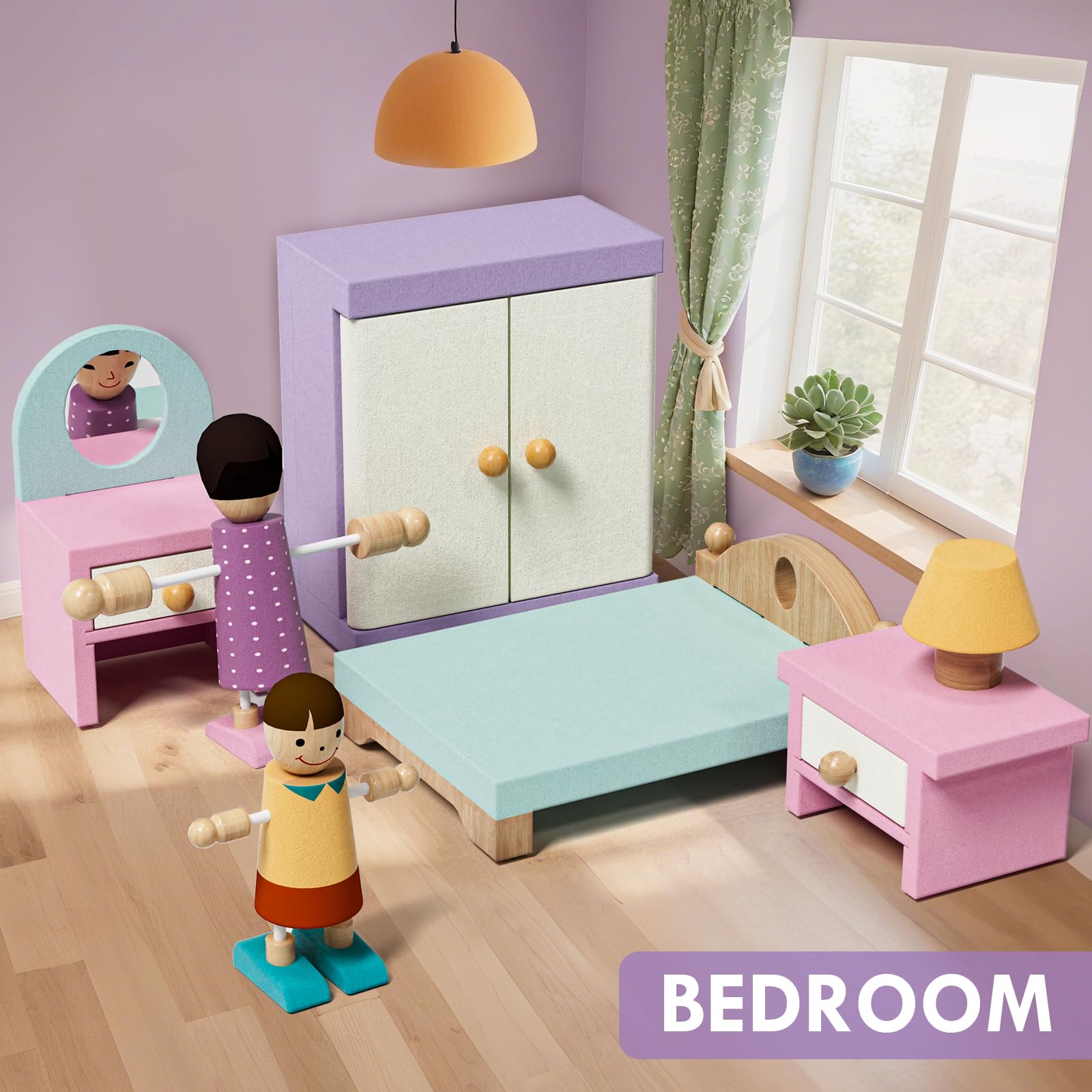 Juego de muebles de casa de muñecas de madera, 39 piezas con 5 habitaciones, muñecas familiares y mascotas, accesorios y muebles de casa de muñecas de madera, accesorios de casa de 4