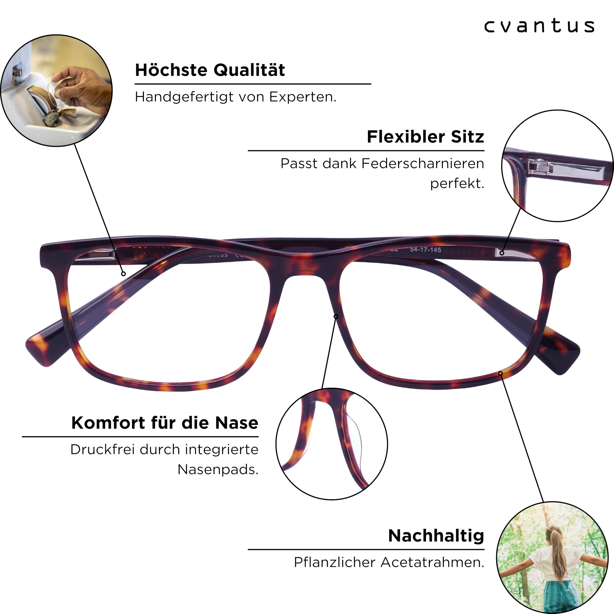 Cvantus Premium Blaulichtfilter Brille Herren & Damen | Blaulicht- und UV-Blocker, Antireflex, Antistatisch | Tortoiseshell Blaufilter Brille Quadratisch | Verschreibungsqualität, Gemacht von Optikern