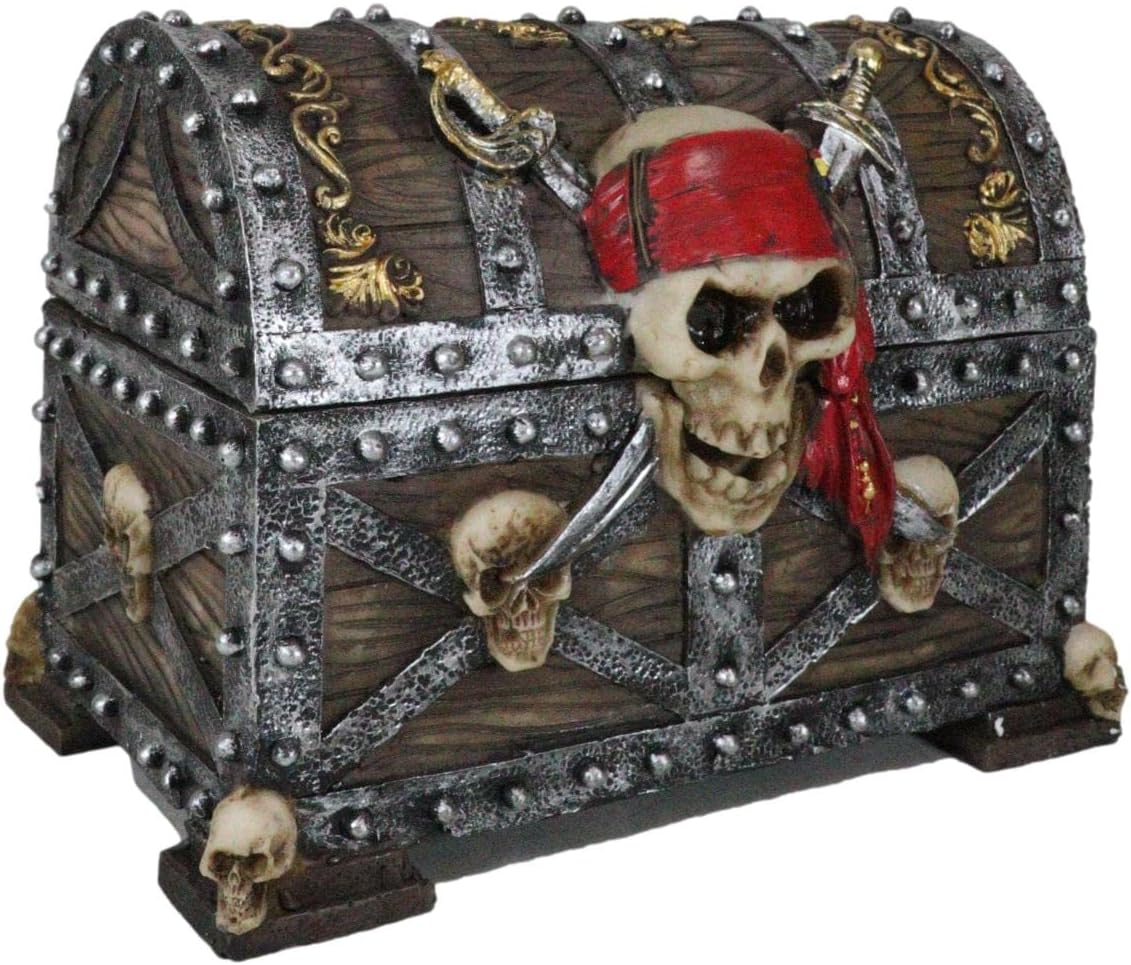 Gifts & Decors Ebros Large Caribbean Pirate Marauder Skull With Criss Cross Blades Treasure Chest Box Jewelry Box Figurine 7.25" Long
