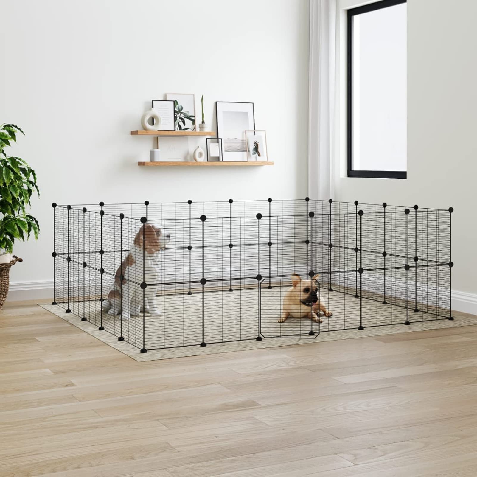 Gecheer Rabbit Run,Puppy Pen Wire Mesh Cages DIY Puppy Cages 44-Panel Pet Cage with Door Black 35x35 cm Steel for Puppy,Rabbit,Kitten,Hamster,Guinea Pig,Turtle,Hedgehog 1.5 cm Grid height