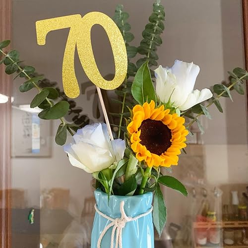 Miniatura 8 de Paquete de 10 palitos de centro de mesa de aniversario con purpurina de doble cara para cumpleaños número 70, decoración de mesa para cumpleaños 70