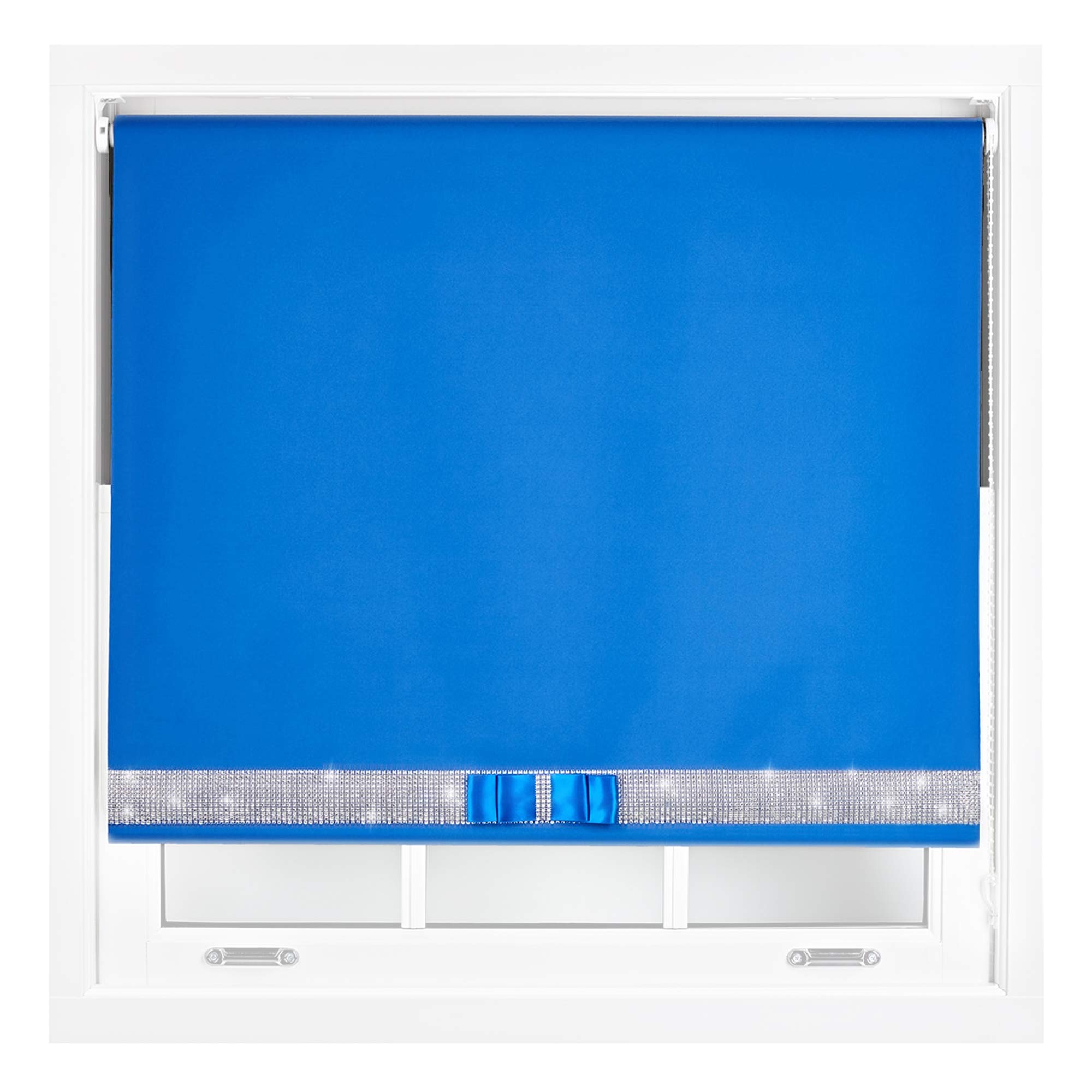 Furnished Blue Diamante Blackout Blinds With Bow - Decorative Diamond Sparkle Design Roller Blind Cut To Size Up To 150W X 165L Cm