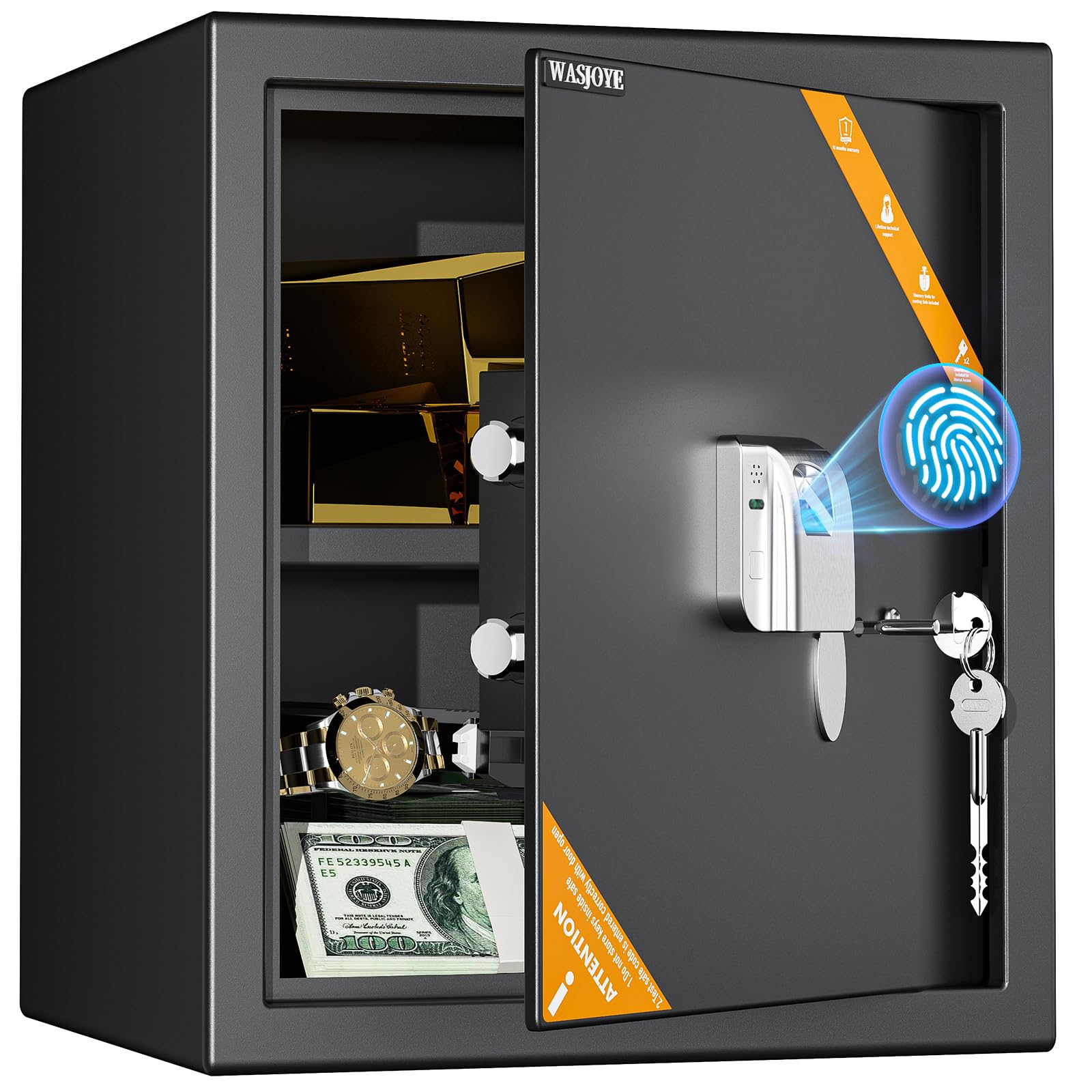 WASJOYE Fingerprint Biometric Safe Box - 2.0 Cubic Feet Fireproof Safe Box with Finger Biometric Key-Lock Alarm System, Security Safes Lock Box for Home Office Hotel Document Cash Valuables Storage