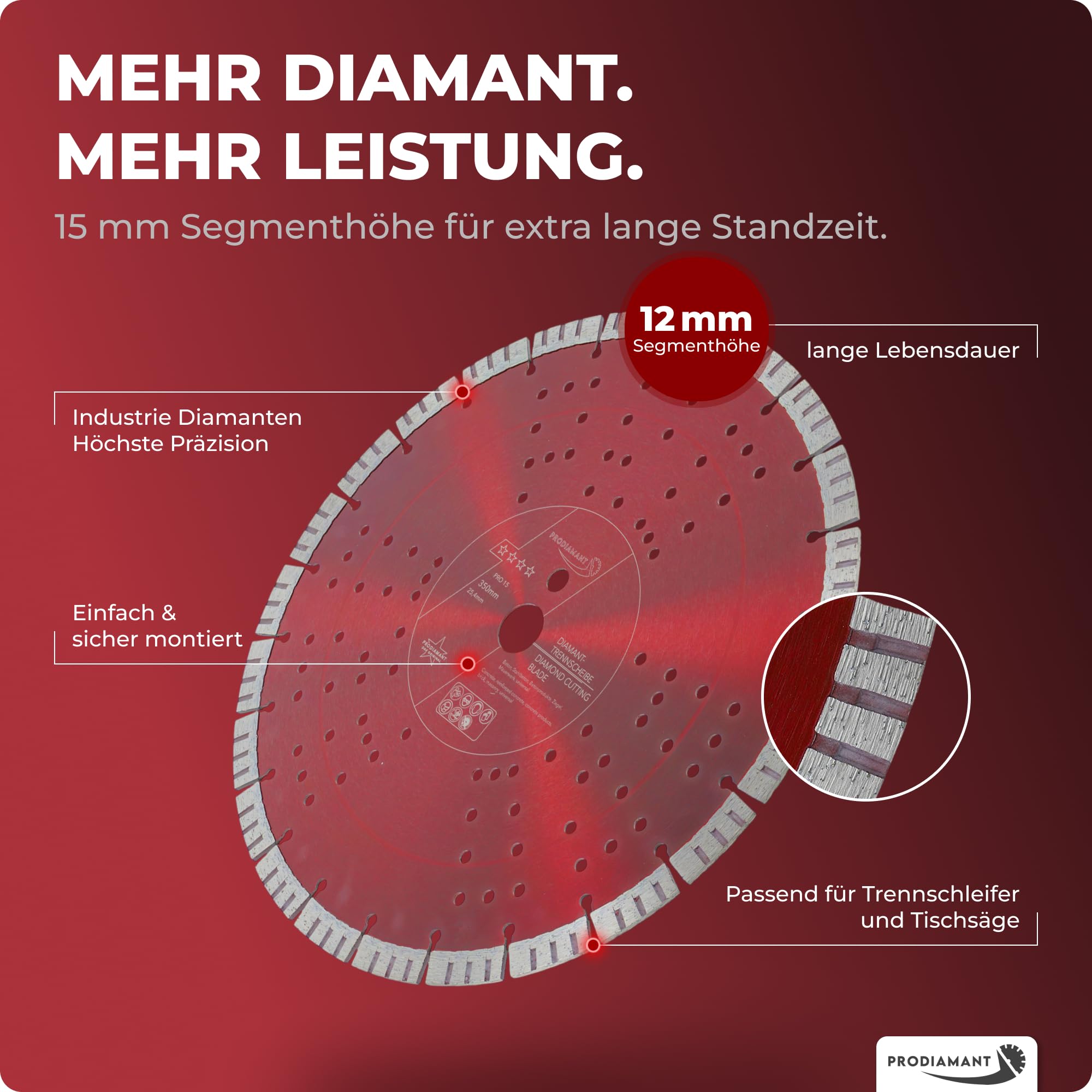 PRODIAMANT Turbo Diamant-Trennscheibe Beton 350mm x 25,4 mm Segmenthöhe 15mm