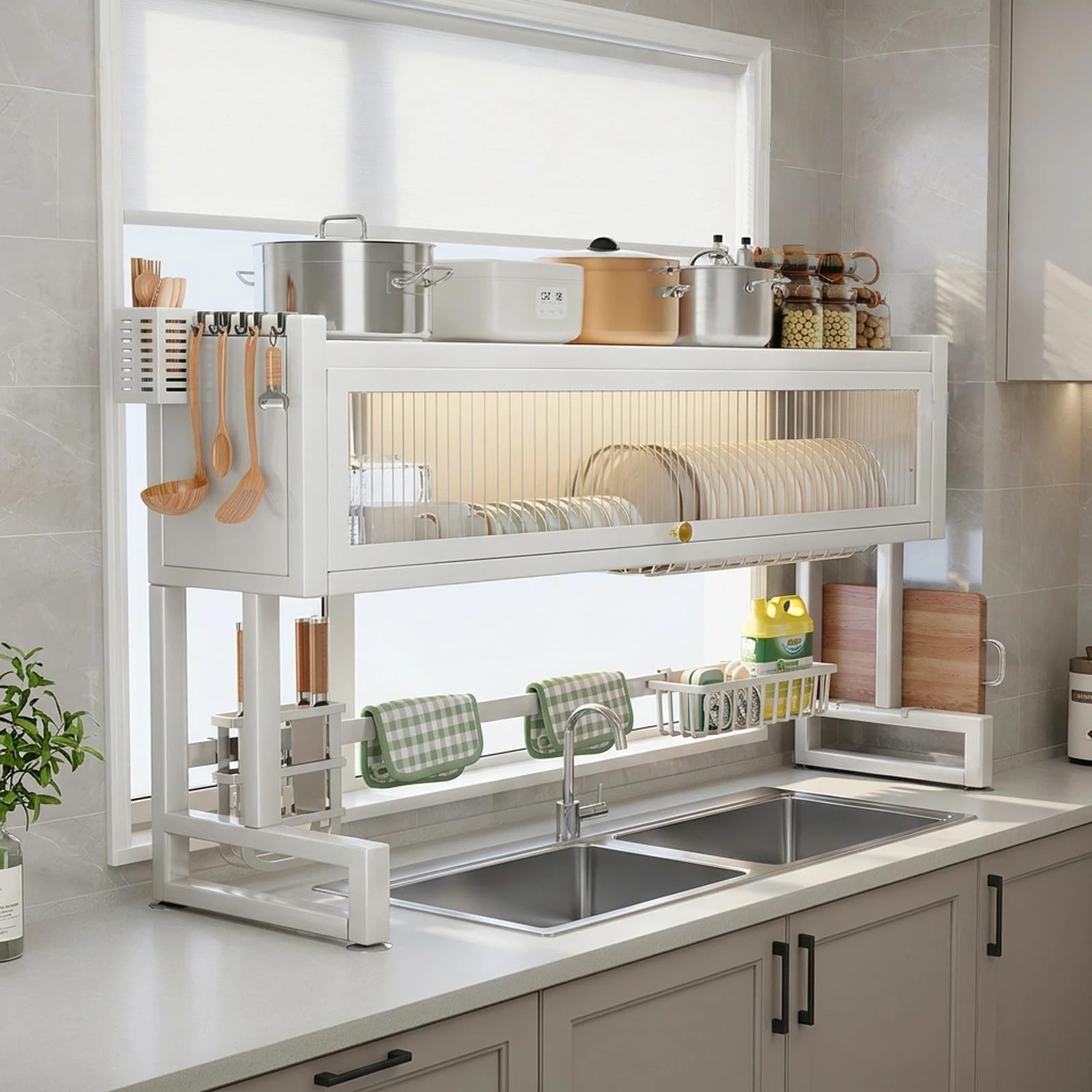 55-105cm Abtropfgestell für Küchentheke,Küchen Spülbecken Organizer | Weiß/Schwarz,mit Staubschutzabdeckung,mit Abtropfgestell,Rutschfester Boden,für Teller Tassen Topfdeckel.(Wit,105x30x80cm)