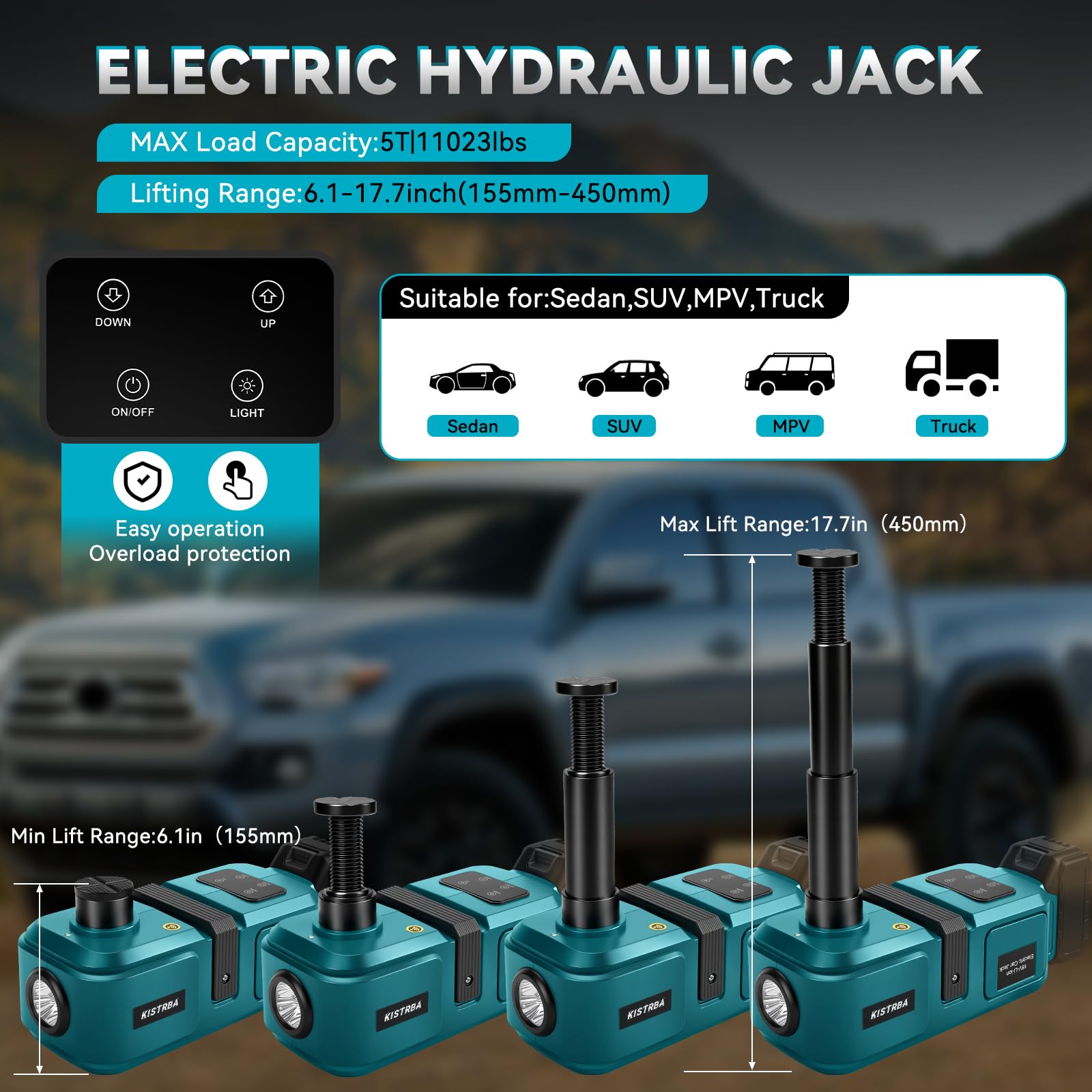 Elektrischer Wagenheber 5T für Makita 18V Akku(Ohne Akku), 15,5-45 cm Hubbereich, LED Licht, Kabelloses Tragbares Werkzeug für Auto SUV LKW Reifenwechsel Garagenreparatur