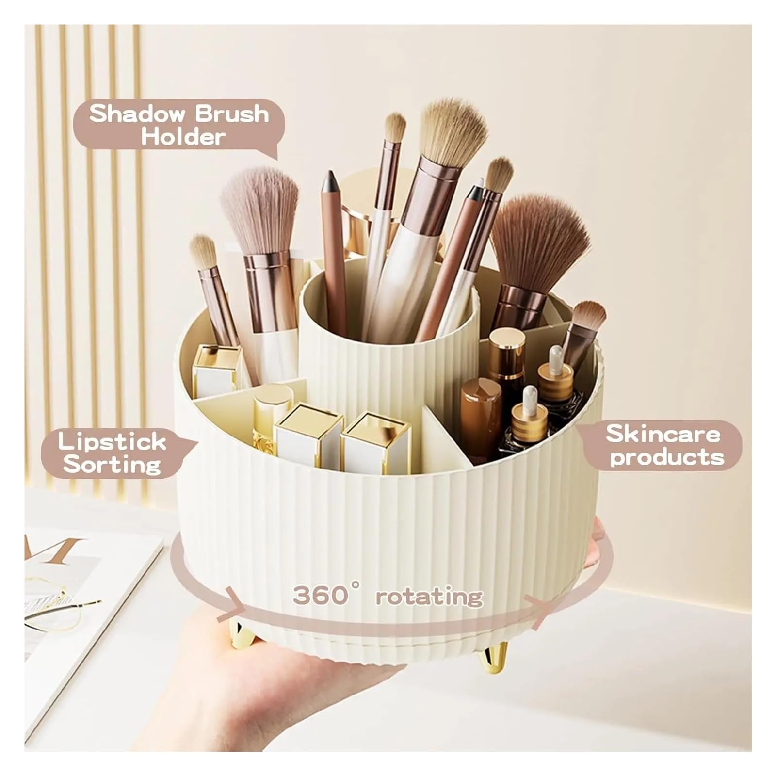 Organizzatore for pennelli da Trucco, Girevole a 360°, Organizer for Cosmetici, 5 Scomparti, Porta pennelli da Trucco, portaoggetti da scrivania for Bagno per cassettiera, Bagno(Cream)