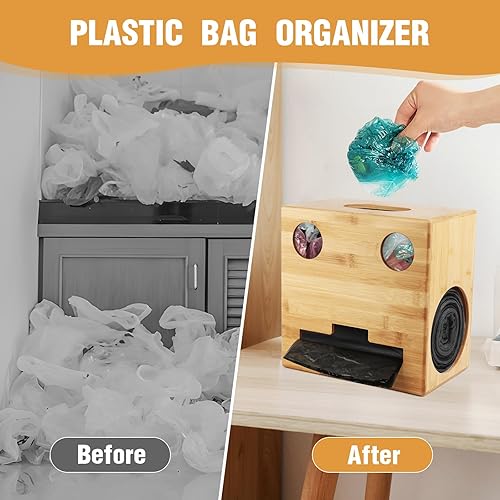 Miniatura 6 de Dispensador de bolsas de basura extra grande, soporte 2 en 1 para bolsas de basura, dispensador de bolsas de basura de bambú para organización y