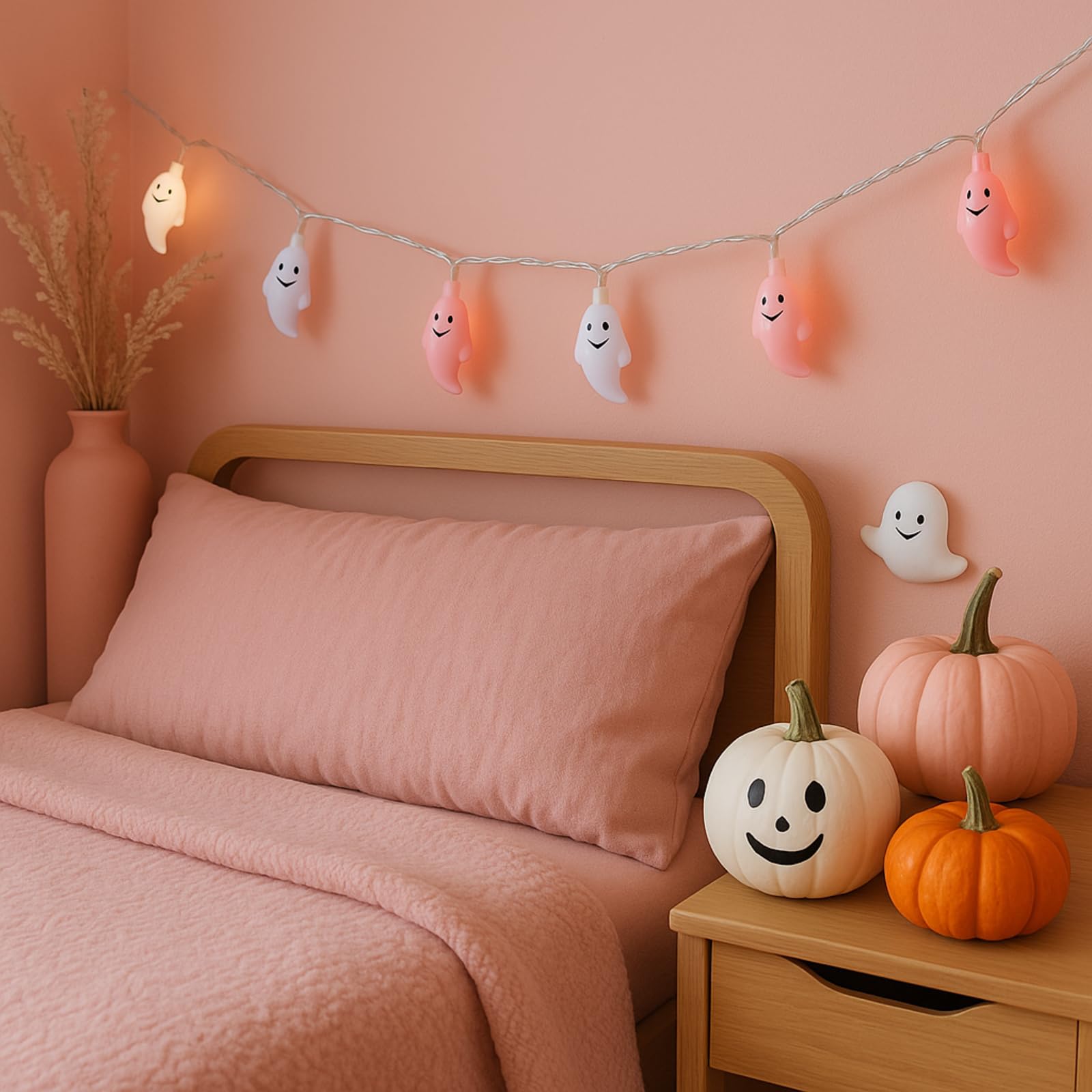 Glooglitter 2 Stück rosa Halloween-Geister-Lichter, 2 m, rosa, niedliche Geister-Lichterkette für Halloween-Dekorationen, Innenfenster, Baum, Hof, Dekoration, Veranda, Camper, Party, Türdekoration