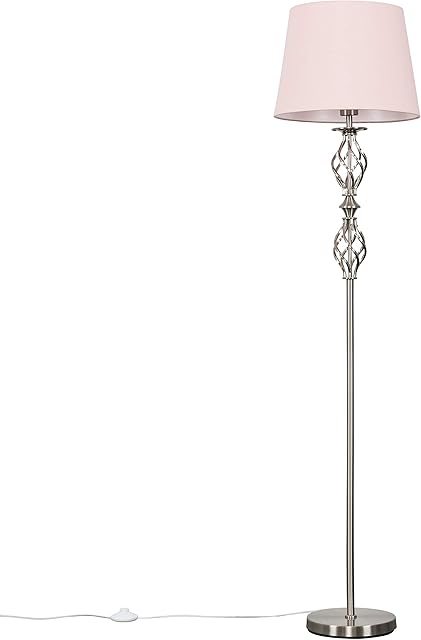 MiniSun Traditional Style Brushed Chrome Double Twist Floor Lamp with a Pink Tapered Shade - Complete with a 6w LED Bulb [3000K Warm White]