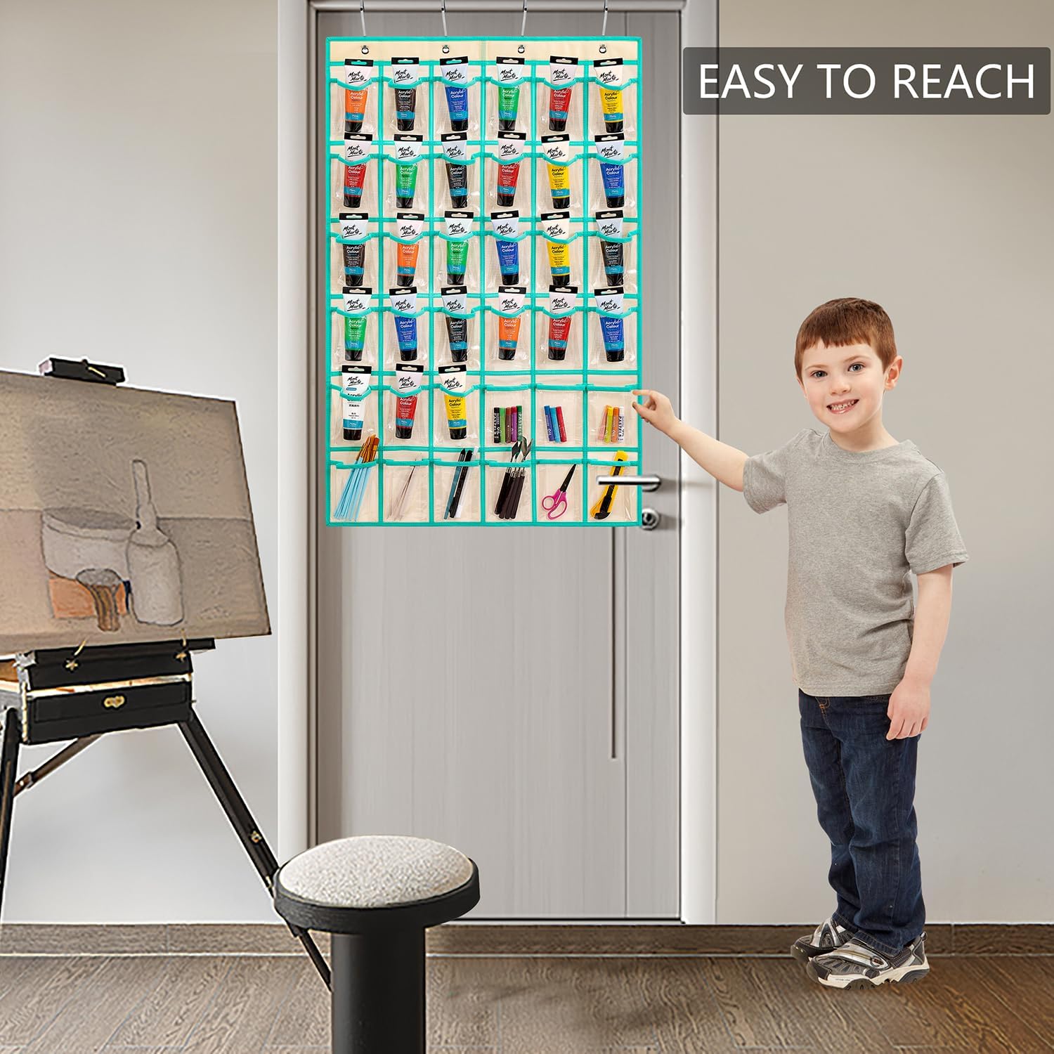 TEMUORG Hanging Acrylic Paint Tubes Organizer Over the Door Art Supplies Storage Markers 36 Pocket Holder for Pastels Crayons Brushes Tools (Beige)