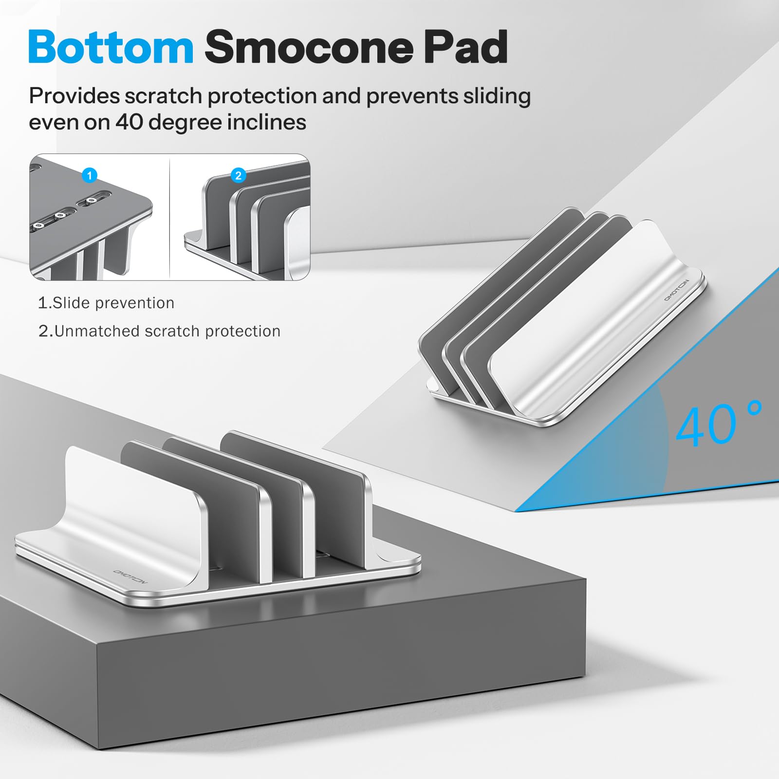 OMOTON Support Vertical pour Ordinateur Portable à 3 Emplacements, Support de Bureau en Aluminium, Dock Réglable, Compatible avec MacBook et Tous Les Ordinateurs Portables (jusqu'à 17,3''), Argent