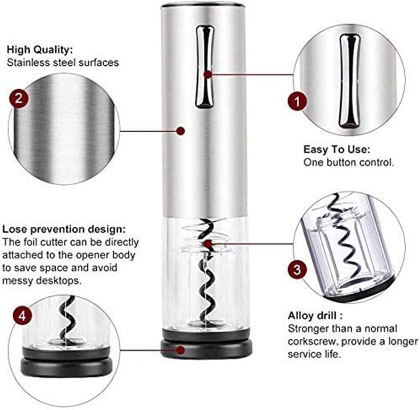 Electric Wine Opener Cordless Stainless Steel Automatic Bottle Opener Electric Wine Corkscrew with Foil Cutter USB Rechargeable Wine Bottle Opener