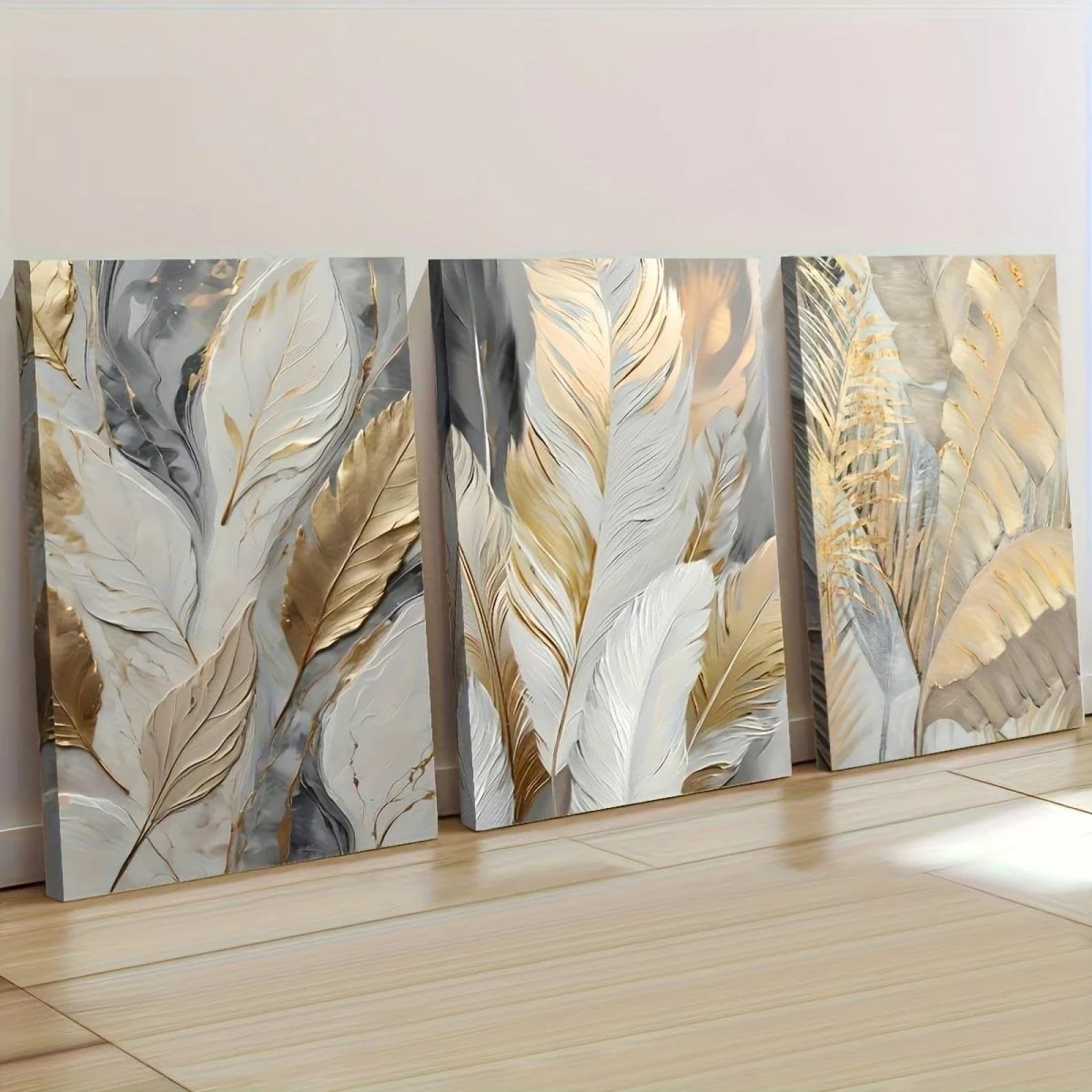 Baibexing Abstract Golden Leaf Wall Art Poster Prints Canvas Painting Picture For Living Room Home Decor 60X80Cmx3Pcs Unframed