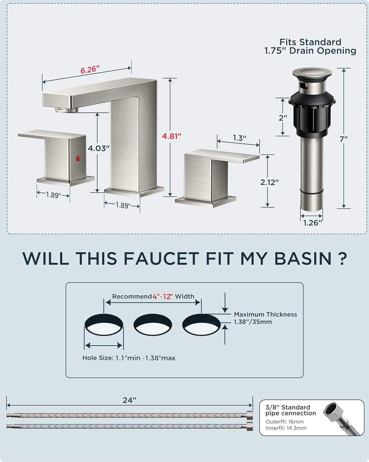 QFN Lead-Free Brushed Nickel Bathroom Faucet 3 Hole, Square Bathroom Sink Faucet 8 Inch Widespread, 2 Handle for 4"-12" Vanity Sink with Metal Pop Up Drain and 24" cUPC Supply Hoses
