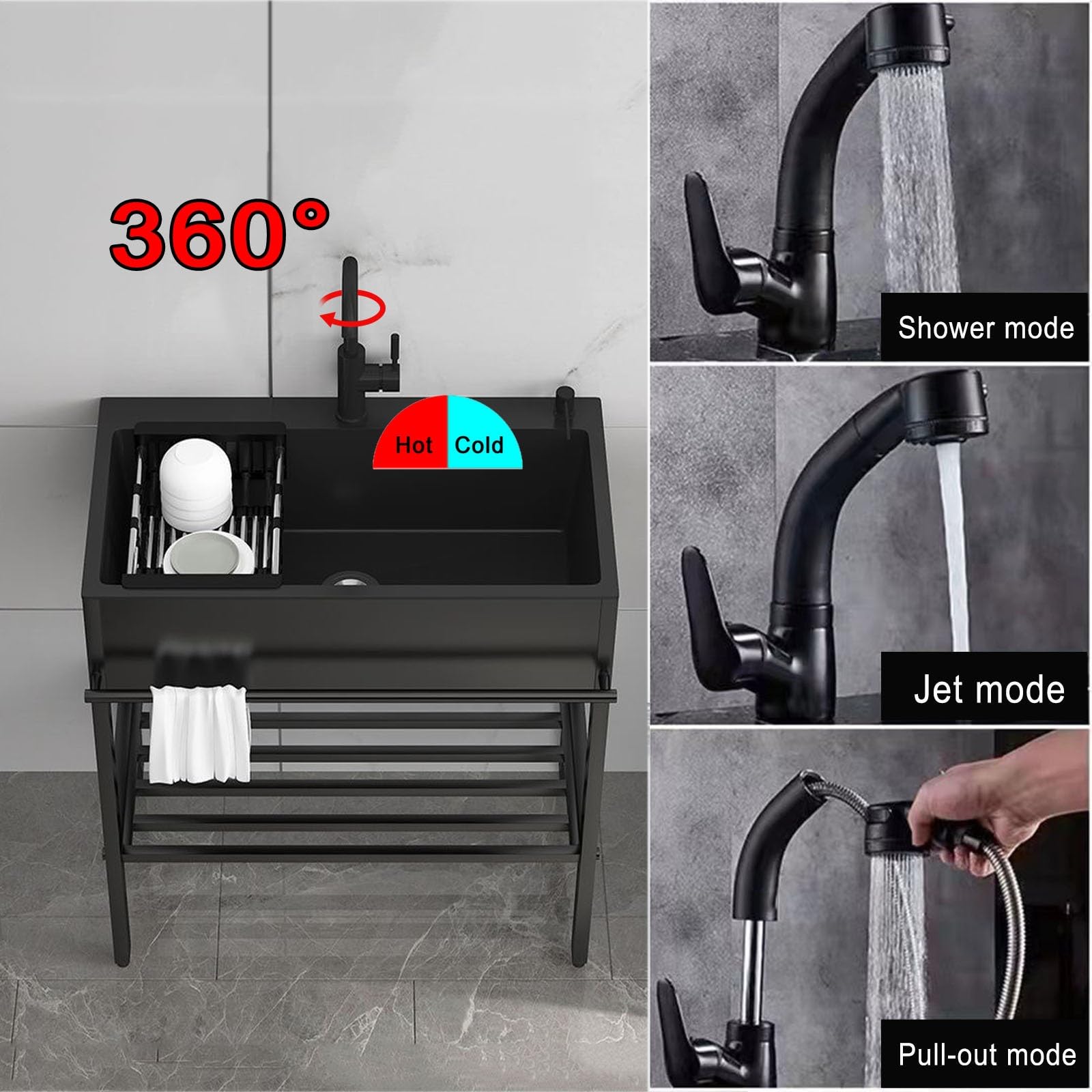 Spüle Küchenspüle Schwarz Edelstahlspüle Spülbecken Haushaltsspüle Set Mit Wasserhahn Und Seifenspender Freistehende Restaurantspüle Für Außen Innen Küche Garten Camping, Antirost