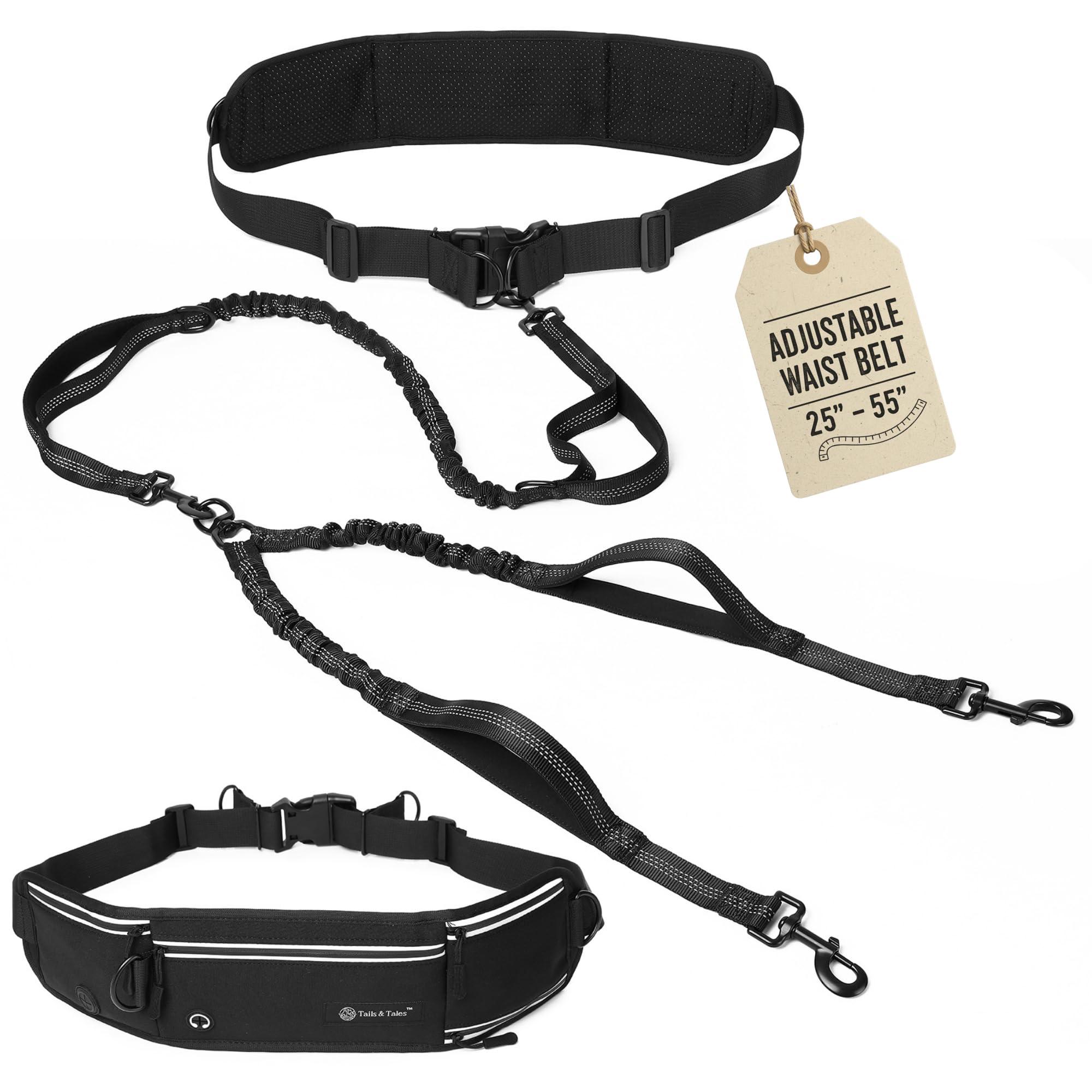 Tails & Tales Hands Free Dog Leash with Waist Pouch, Lumbar Support Upgraded, Bungee Reflective Leash, Adjustable Belt 25-55", Walking Running Hiking Training for Dogs Up to 125lbs (Black, Two Dogs)