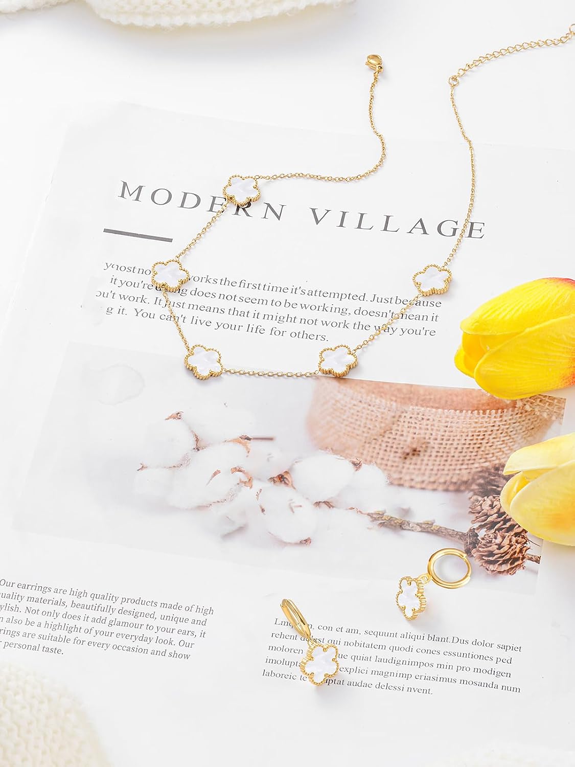 Gold Plated Five Leaf Clover Dot Necklace and Dangle Earrings Set for Women Lucky Flower Jewelry