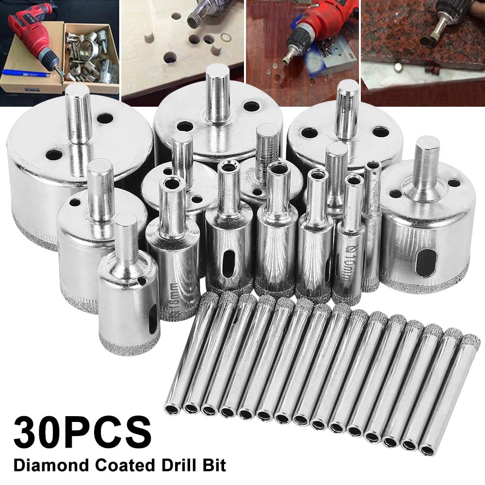 Juego de brocas con revestimiento de diamante de 30 piezas, brocas de sierra de cerámica de vidrio de mármol para azulejos para herramientas eléctricas, broca de perforación de mármol de 6 mm-50 mm,