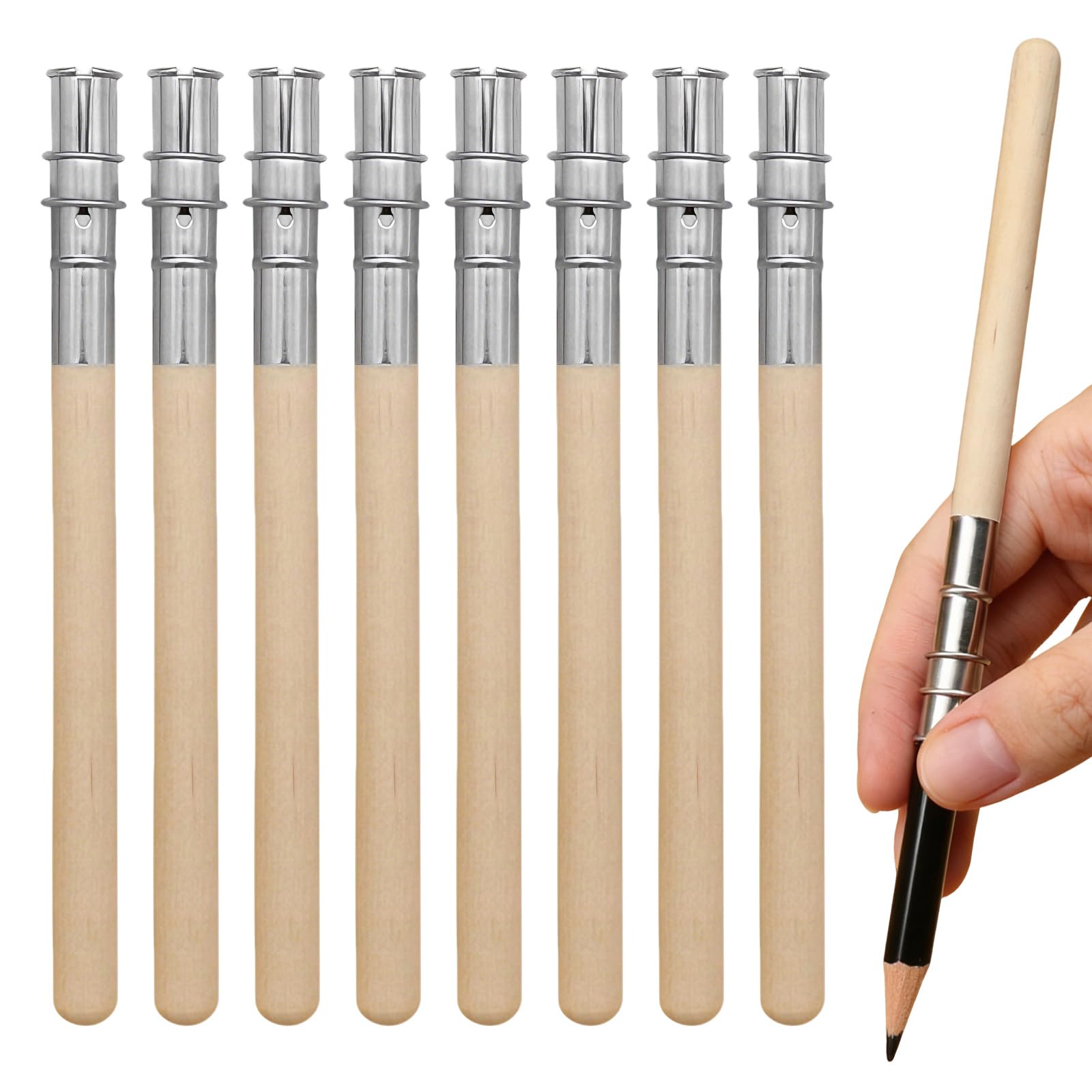 Solvind 8PCS Wooden Pencil Extenders Set, Adjustable Pencil Extender for Artists and Students, Lightweight Pencil Lengthener Tool with Aluminum Tightening Ring, Practical School and Office Supplies