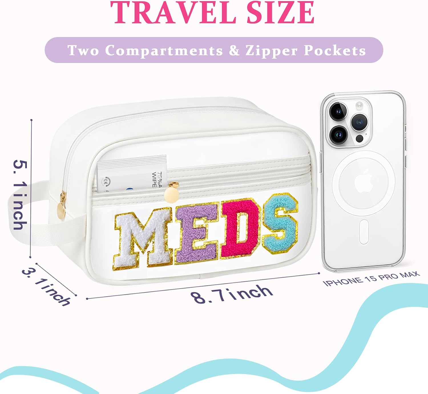 COSHAYSOO Clear MEDS Bag Travel Medicine Zipper Pouch Small Medication Drug Pills Storage Case, Preppy Cute Cruise Air Car Traveling Essentials Accessories Organizer Easter Gift for Women Teen Girls