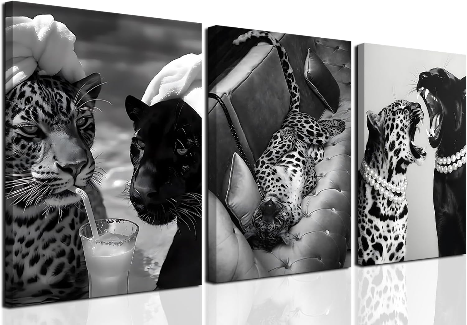Black and White Cheetah Canvas Wall Art Fashion Cheetah Drinking Cocktail Vintage Trendy Wild Leopard Painting Picture Wall Decor for Apartment Poster Bedroom Living Room Corridor Home Decoration