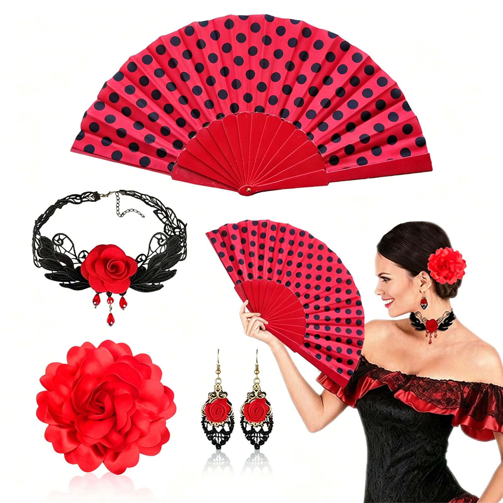 4 szt. Rose Flower Flamenco akcesoria dla kobiet dziewczyn składany fan Choker kolczyki Rose kwiat spinka do włosów tancerka kostium dla kobiet z lat 20. Halloween