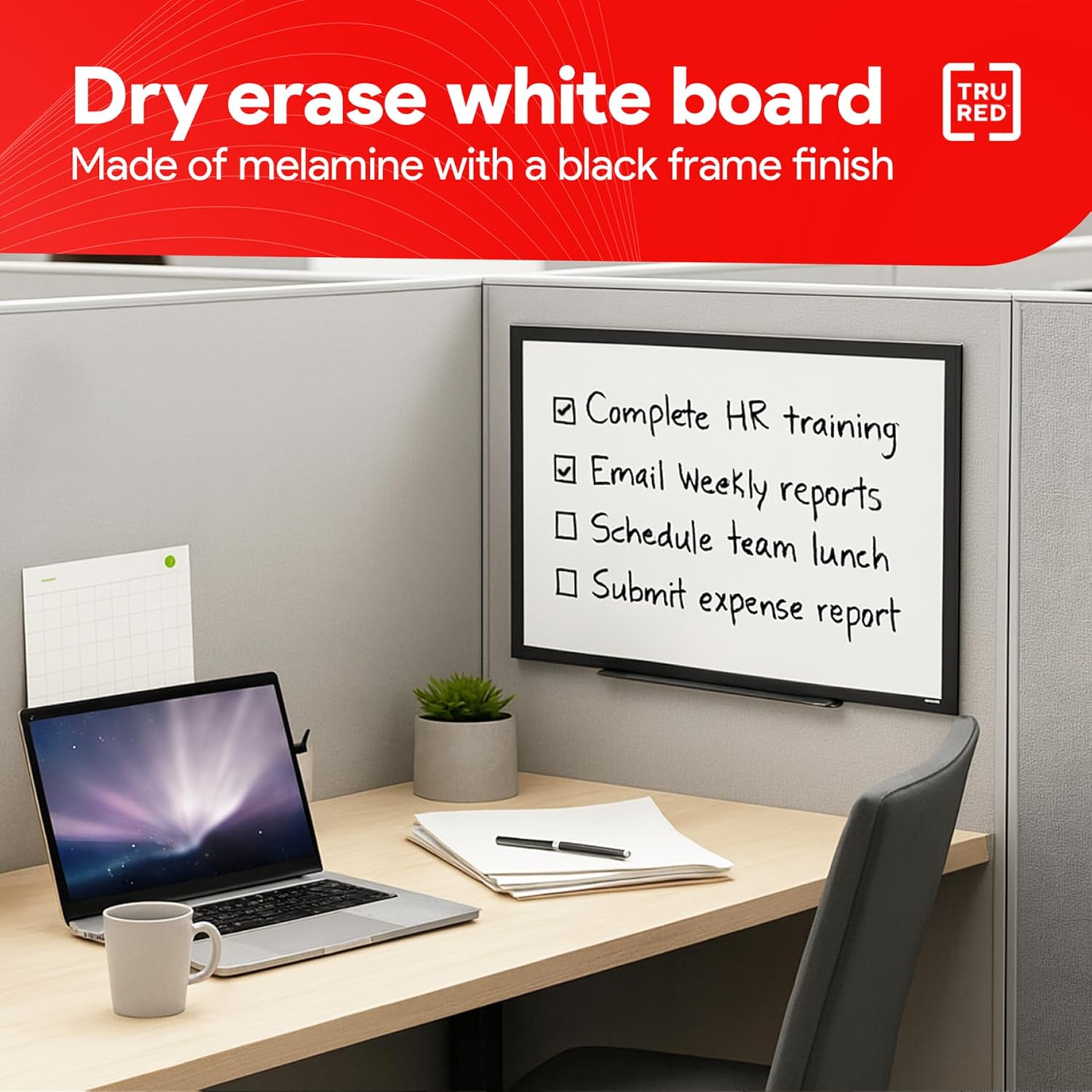 TRU RED Melamine Whiteboard | Dry Erase Board for Wall, White Board with Black Frame, for School, Home and Office, 2 ft x 1.5 ft