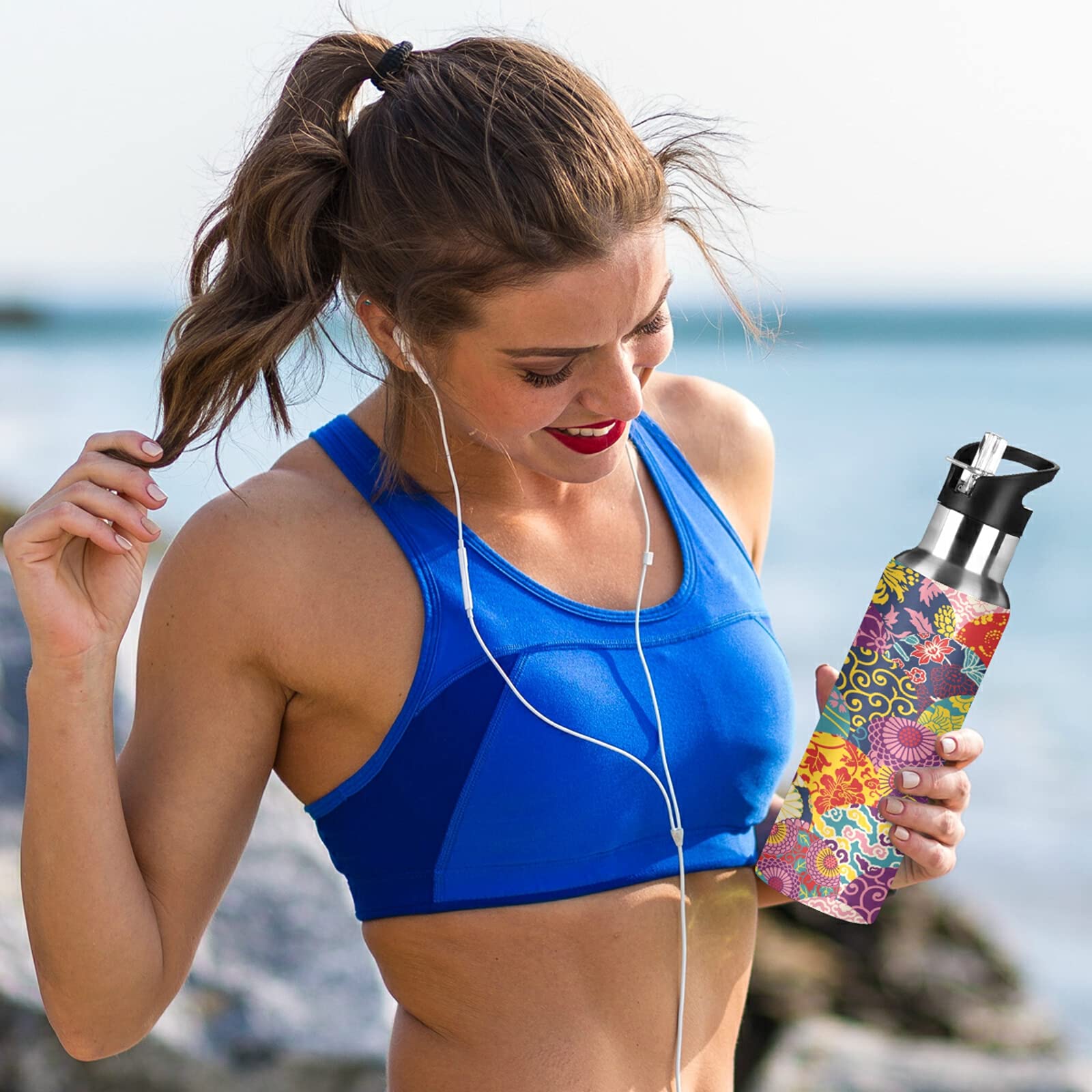 Mnsruu Kirschblüten Trinkflasche 600ml - Japan Design Edelstahl Thermoflasche Mit Strohhalm