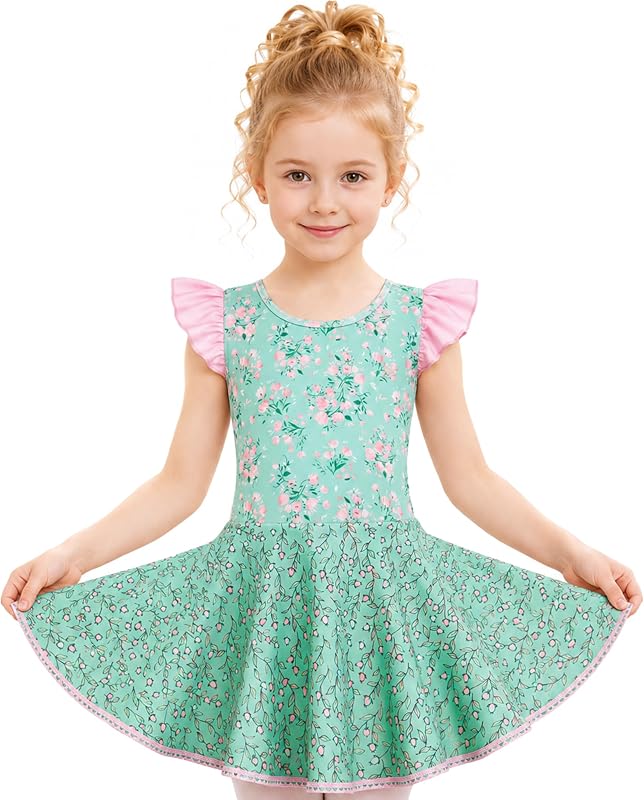 Funnycokid Girls Ballet Leotard Dance Dress Ruffer Sleeve Twirling Skirt