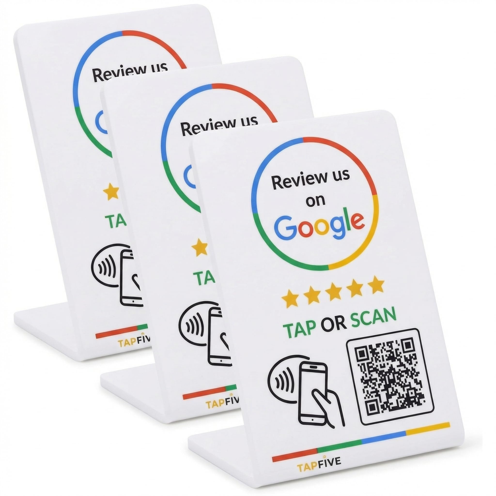 Google Review Stand by TapFive – Tap to Review NFC Tap &amp; QR Code Sign for Restaurants, Salons, Retail &amp; Front Desks | QR Code Stand | No Monthly Fees (White, 3 Stands)