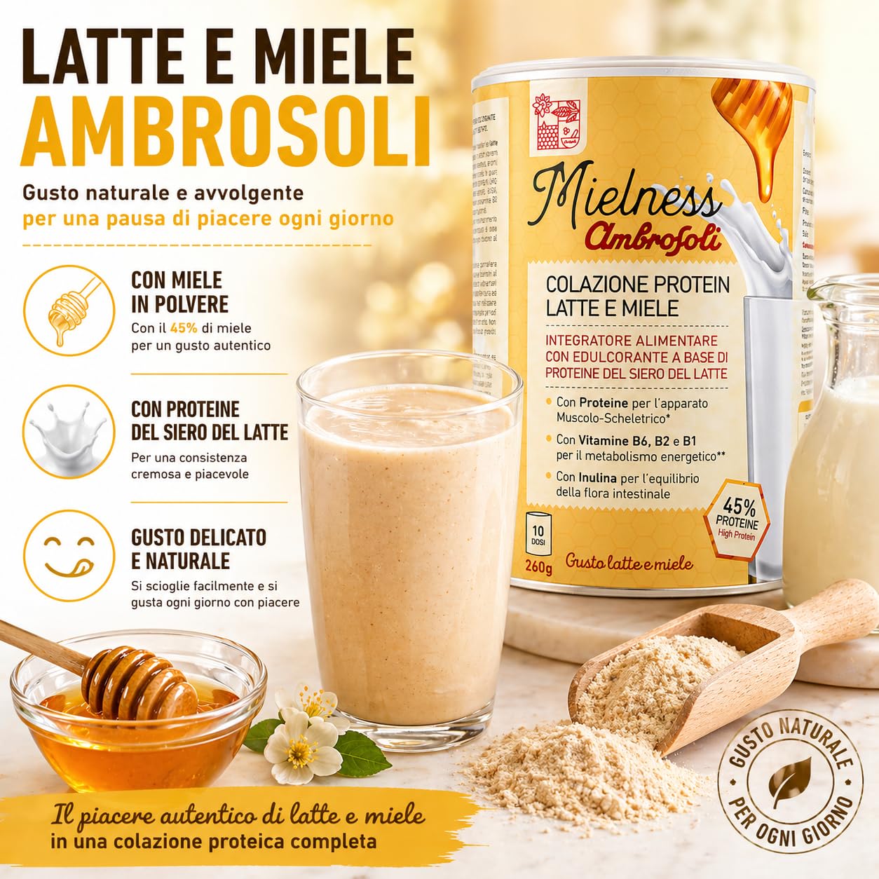 Ambrosoli Colazione Protein Latte e Miele, 260g, mix Proteico per Colazione e Shake (Confezione da 2)