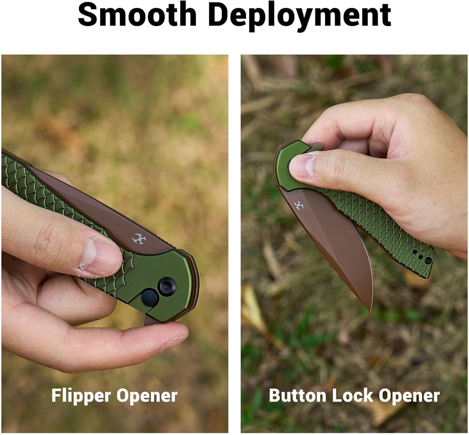KANSEPT Accipiter Pocket Knife, 3.53"Rose Gold 14C28N Blade,Green Anodized Aluminum with Fish Scale Texture Handle, Flipper Open & Button Lock, Deep Clip EDC Folding Knives for Camping Hunting T1007F5