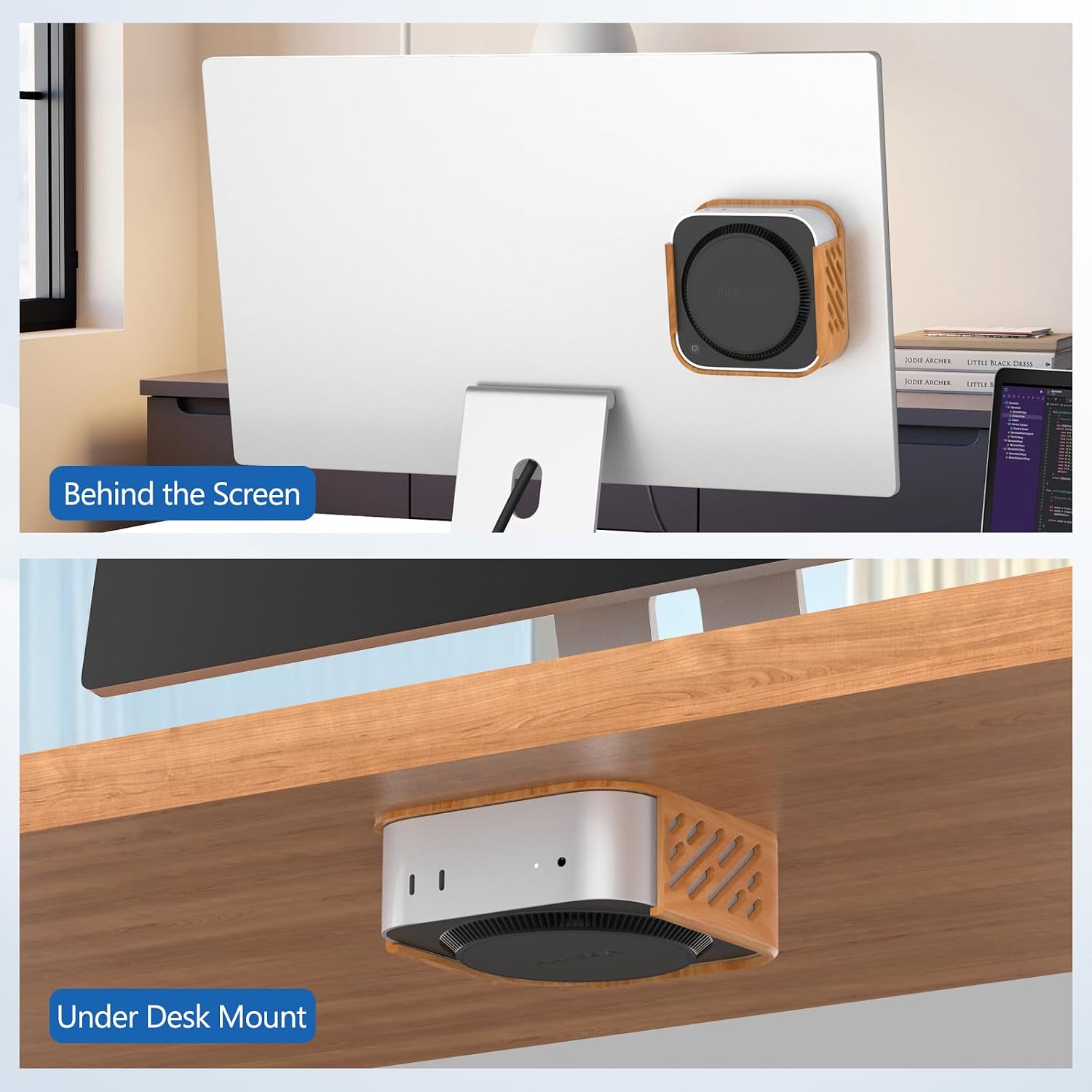 Under Desk Mount for Mac mini M4/M4 Pro, Under Desk Stand and Wall Mount with Heat Dissipation Design, Compatible with 2024 Mac mini M4/M4 Pro, Wood Grain