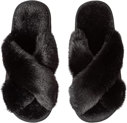 Womens Cross Band Fuzzy Slippers Fluffy Open Toe House Slippers