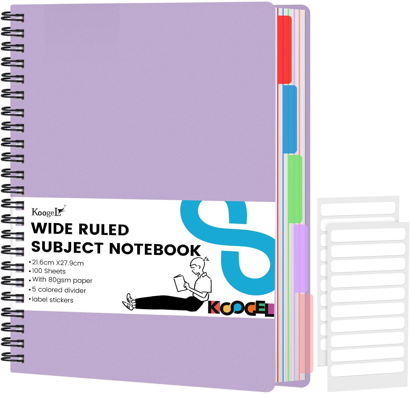 Koogel Spiral Notebook with Tabs, 26.8x19.5cm Journals with Deviders 5 Subject Project Spiral Notebook Perforated Edges for School Office, Purple