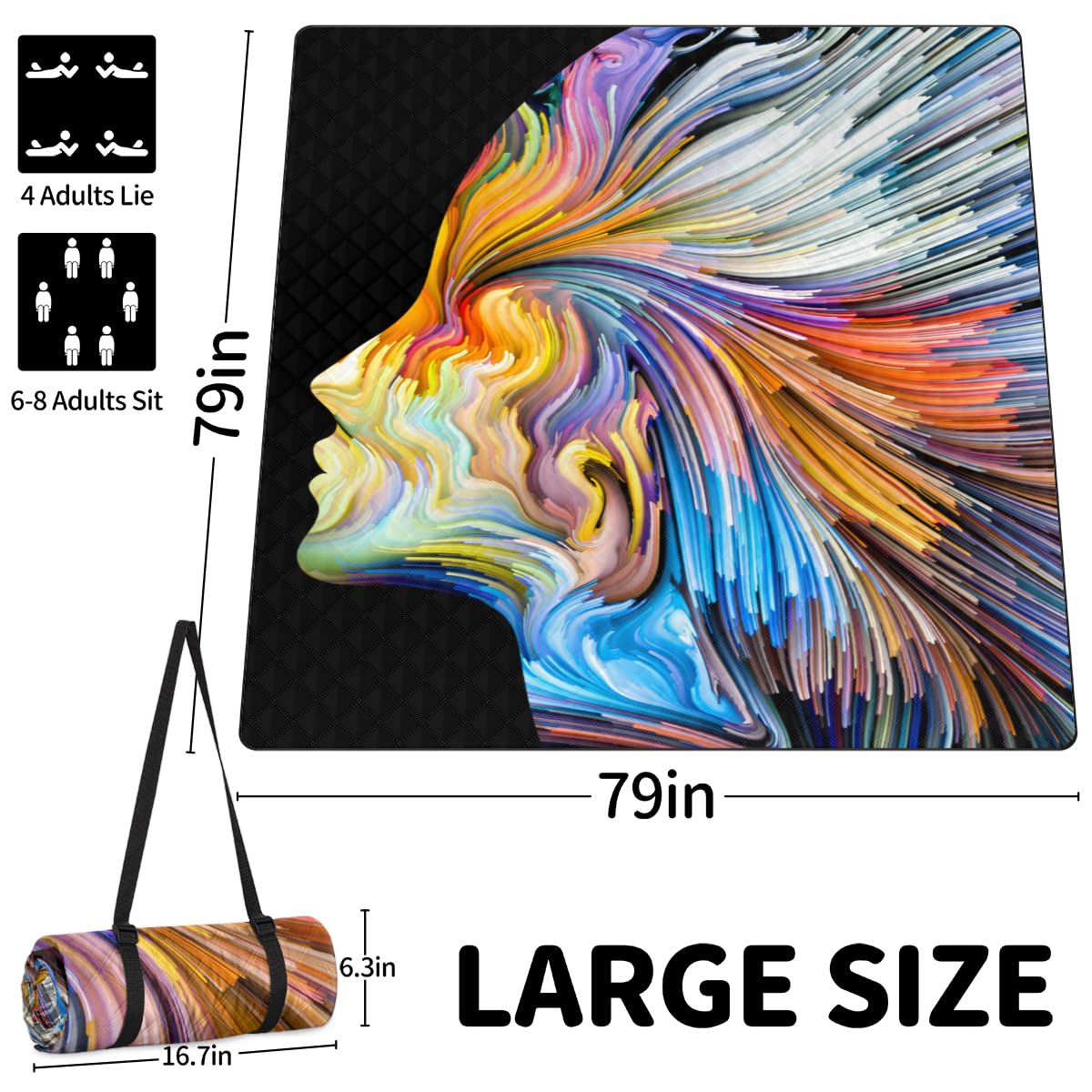 Shimoshe Extra Large Picnic Blankets 79”x 79”, Color Imagination Artist Waterproof Foldable Picnic Mat with Straps Portable Beach Blanket for Camping Park Grass Beach Indoor