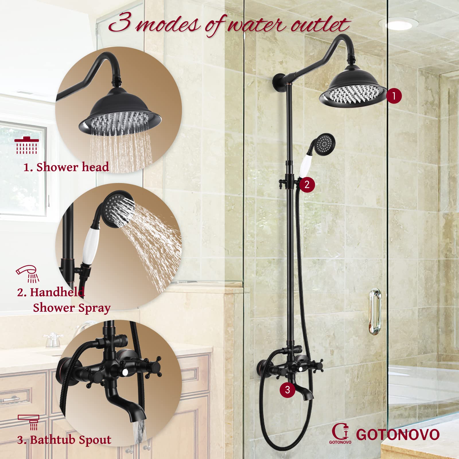 Duschsystem In ölgeriebener Bronze – Mit 8″ Regendusche, Handbrause & Badewannenfüller, 3 Funktionen