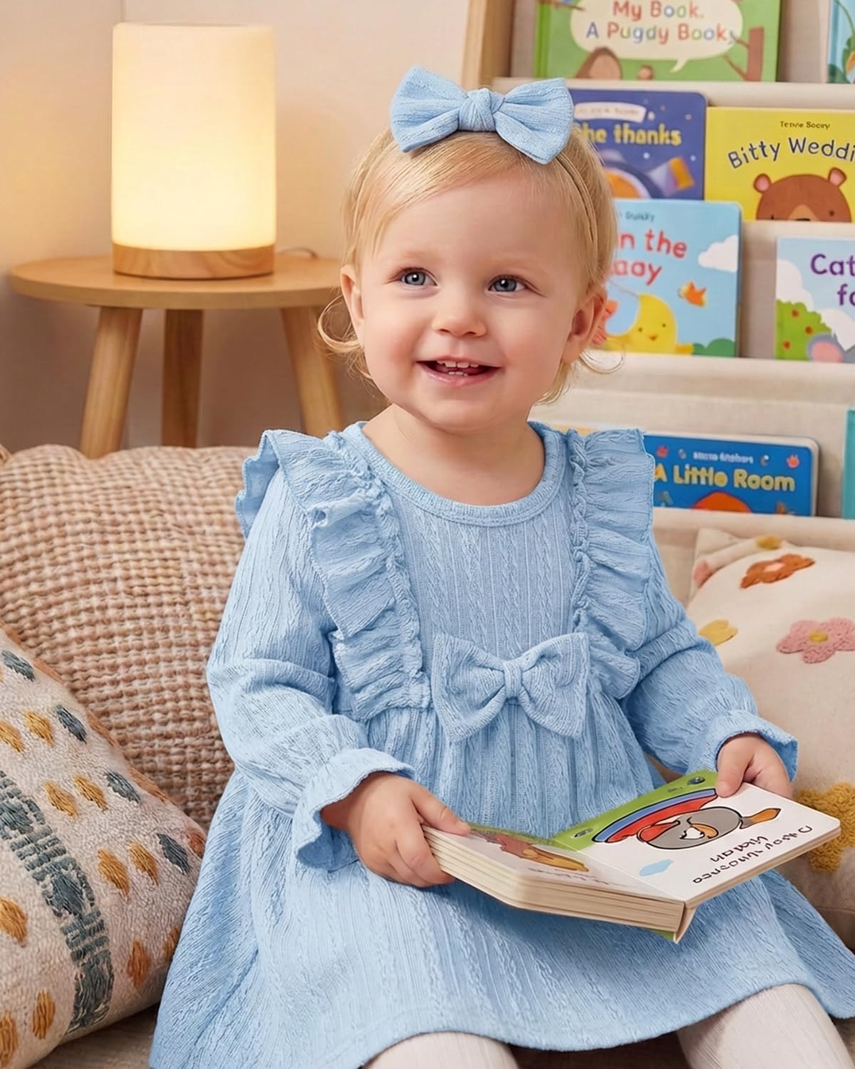FishingDino Baby Kleid Mädchen Sommerkleid Set Gr. 62-92, Neugeborene Langarm Schmetterling Baby Kleidung Mädchen mit Stirnband, Weiche Babykleidung Süßes Babykleider Set