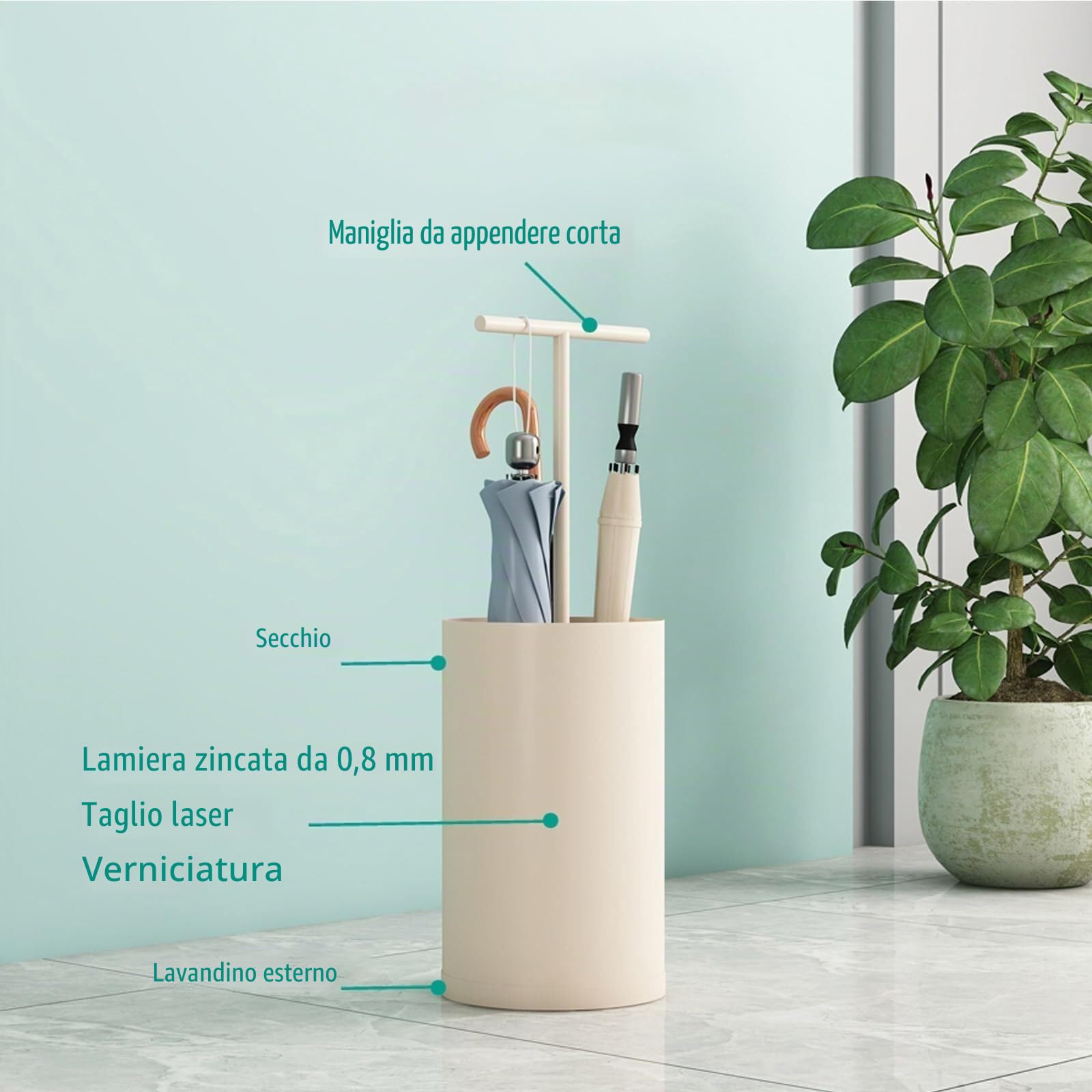 Portaombrelli in Metallo con Contenitore Rimovibile per Acqua, Portaombrelli Portatile, Contenitore di Stoccaggio Rotondo, Design Moderno e Semplice (Beige)