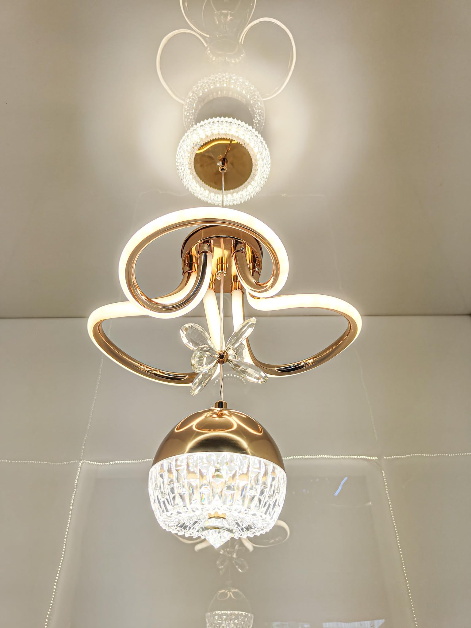 swanart Elegant Gold and Crystal LED Ceiling Light, Adjustable Height Modern Chandelier with Crystal Globe Pendant, Ideal for Living Rooms, Dining Areas, and Bedrooms - 3-Color Change-image-26